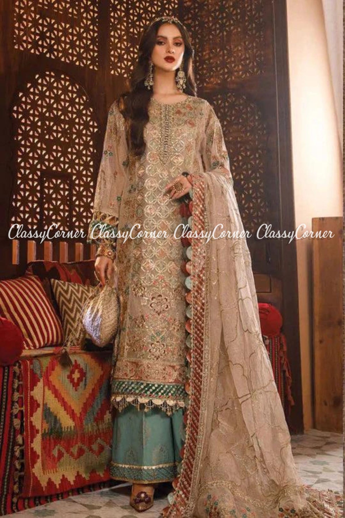 Beige Zinc Zari Net Embroidered Party wear 3 Piece Outfit