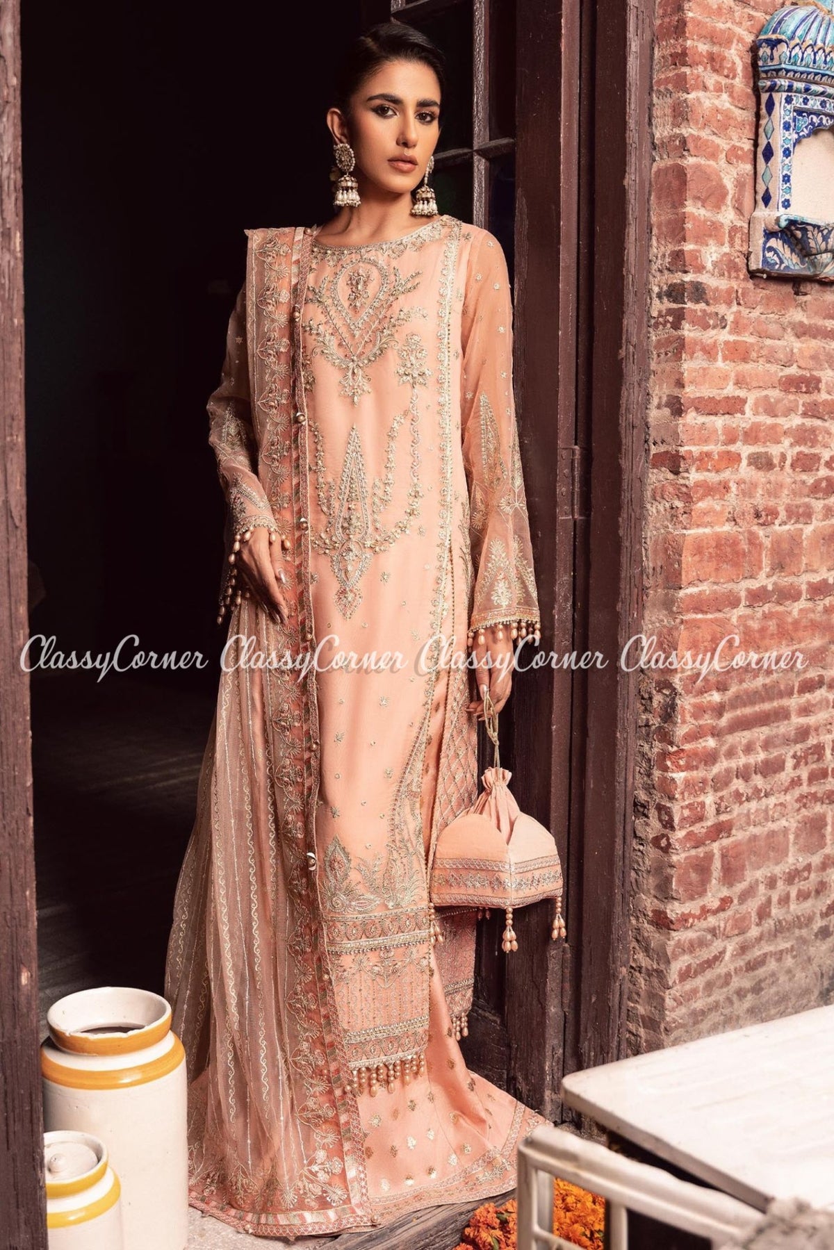 Peach Organza Pakistani Wedding Wear Outfit