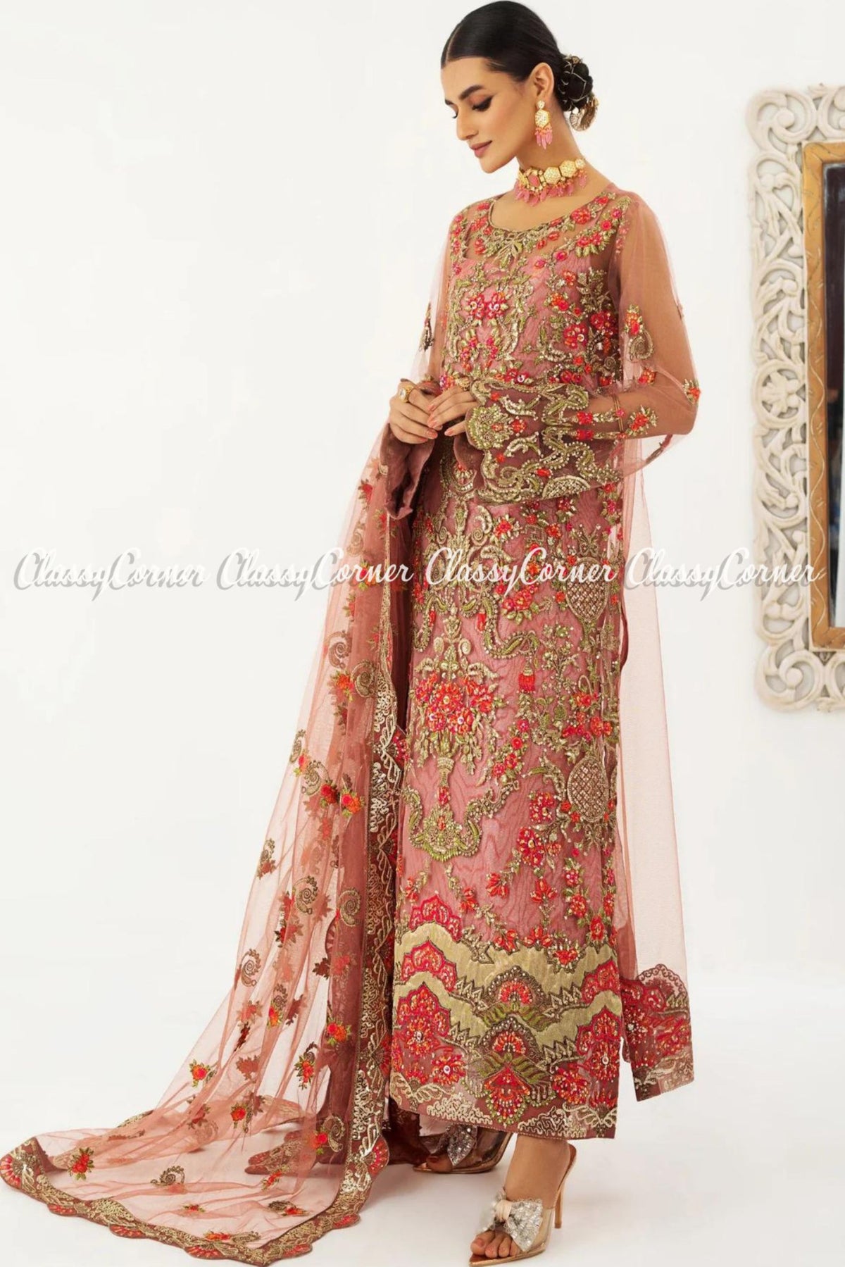 Peach Red Net Embroidered Pakistani Salwar kameez