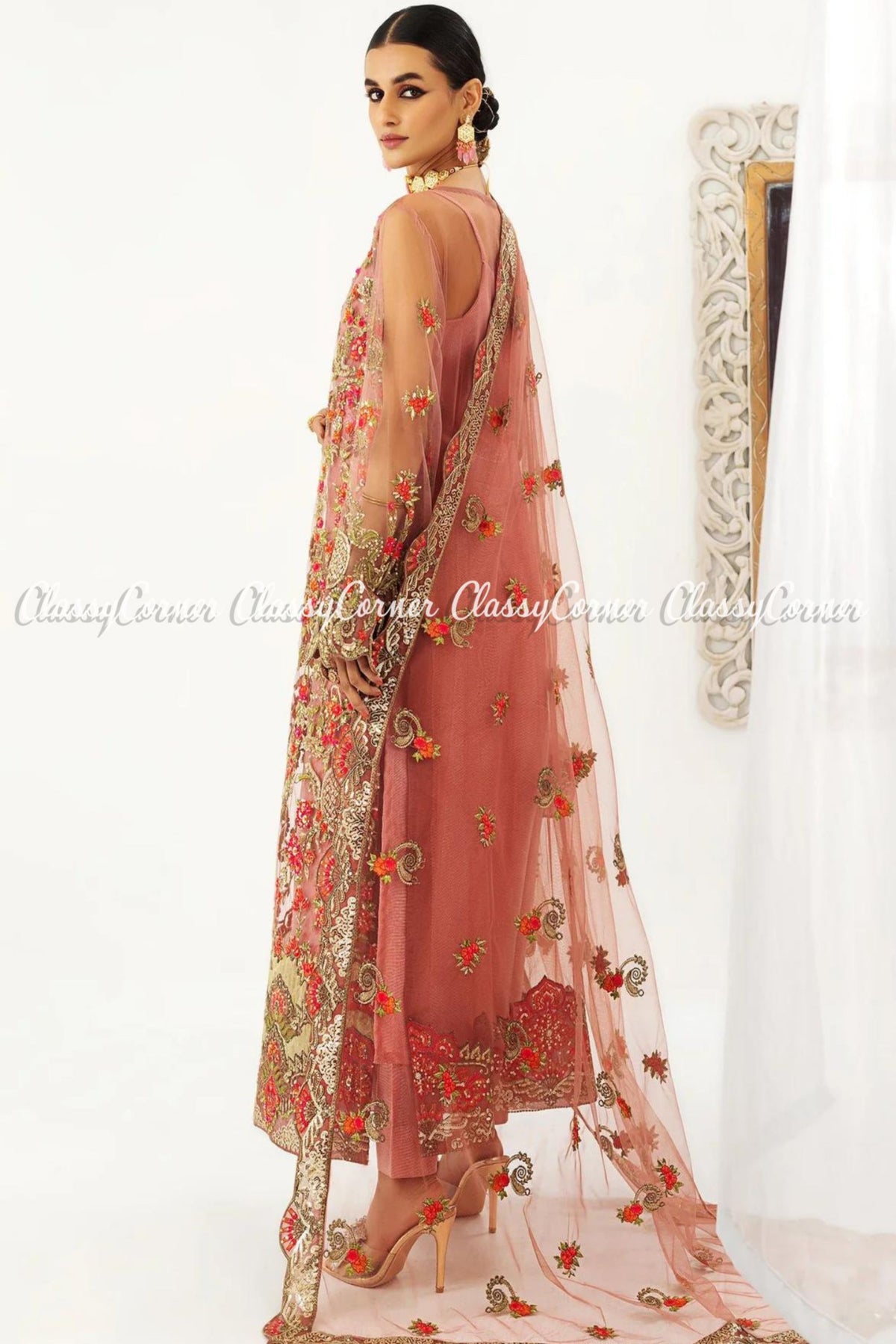 Peach Red Net Embroidered Pakistani Salwar kameez