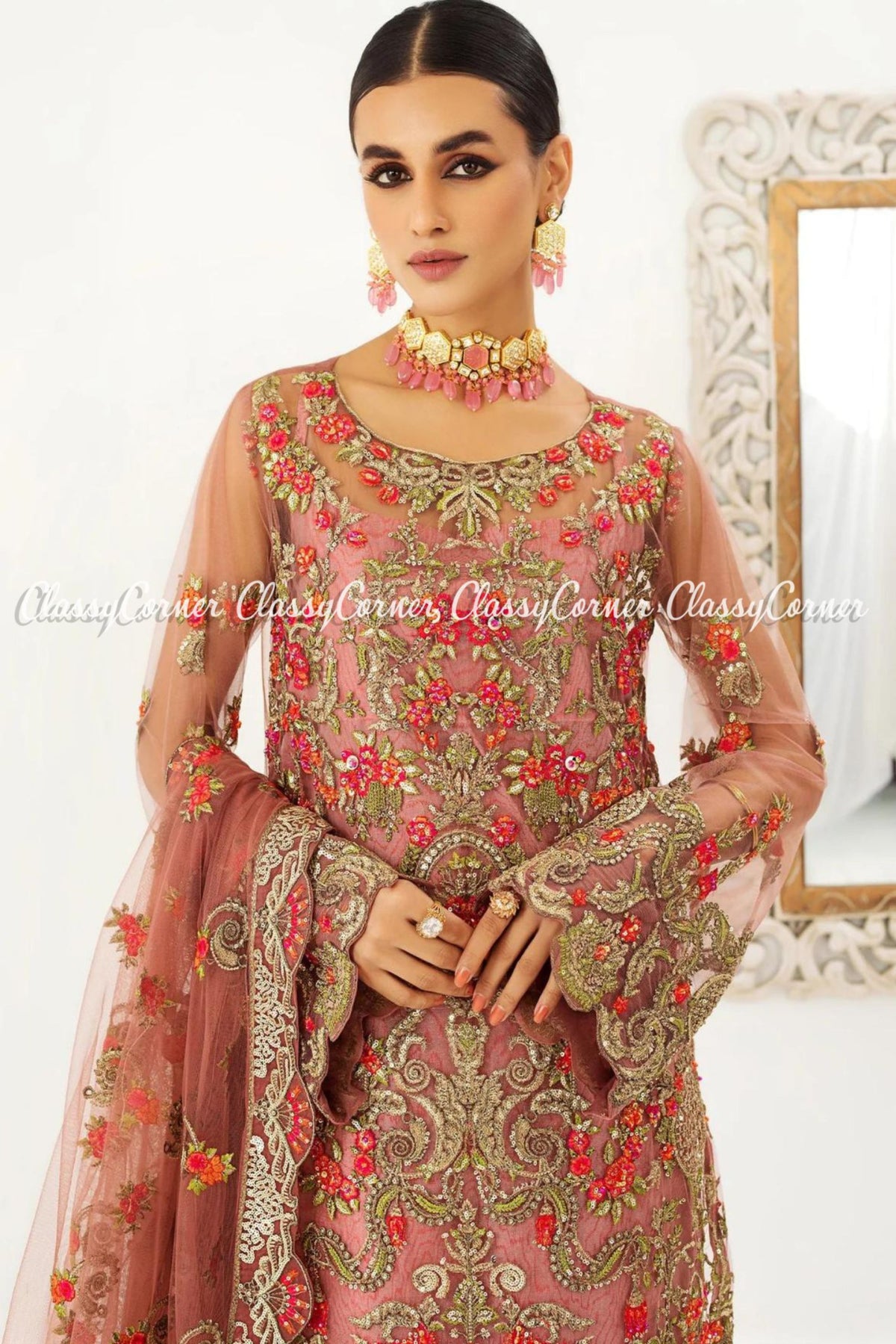 Peach Red Net Embroidered Pakistani Salwar kameez