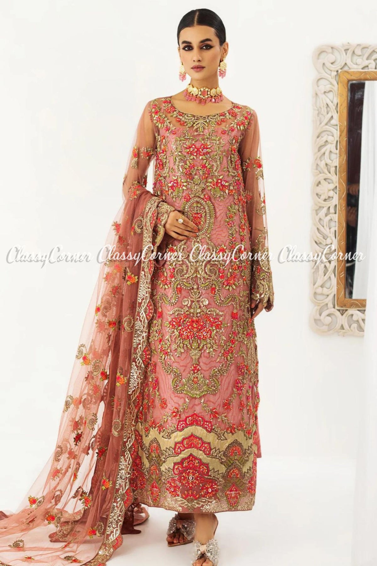 Peach Red Net Embroidered Pakistani Salwar kameez