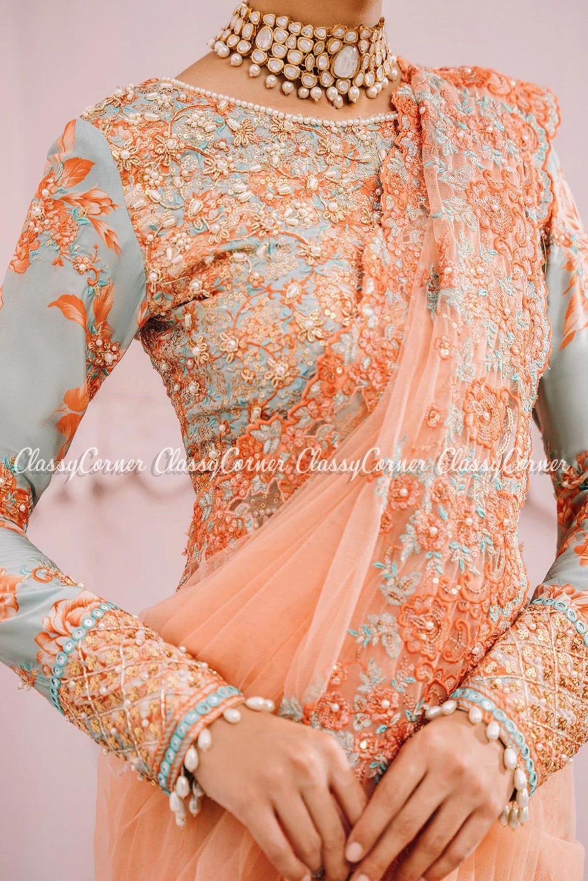 Peach Net Wedding Wear Saree