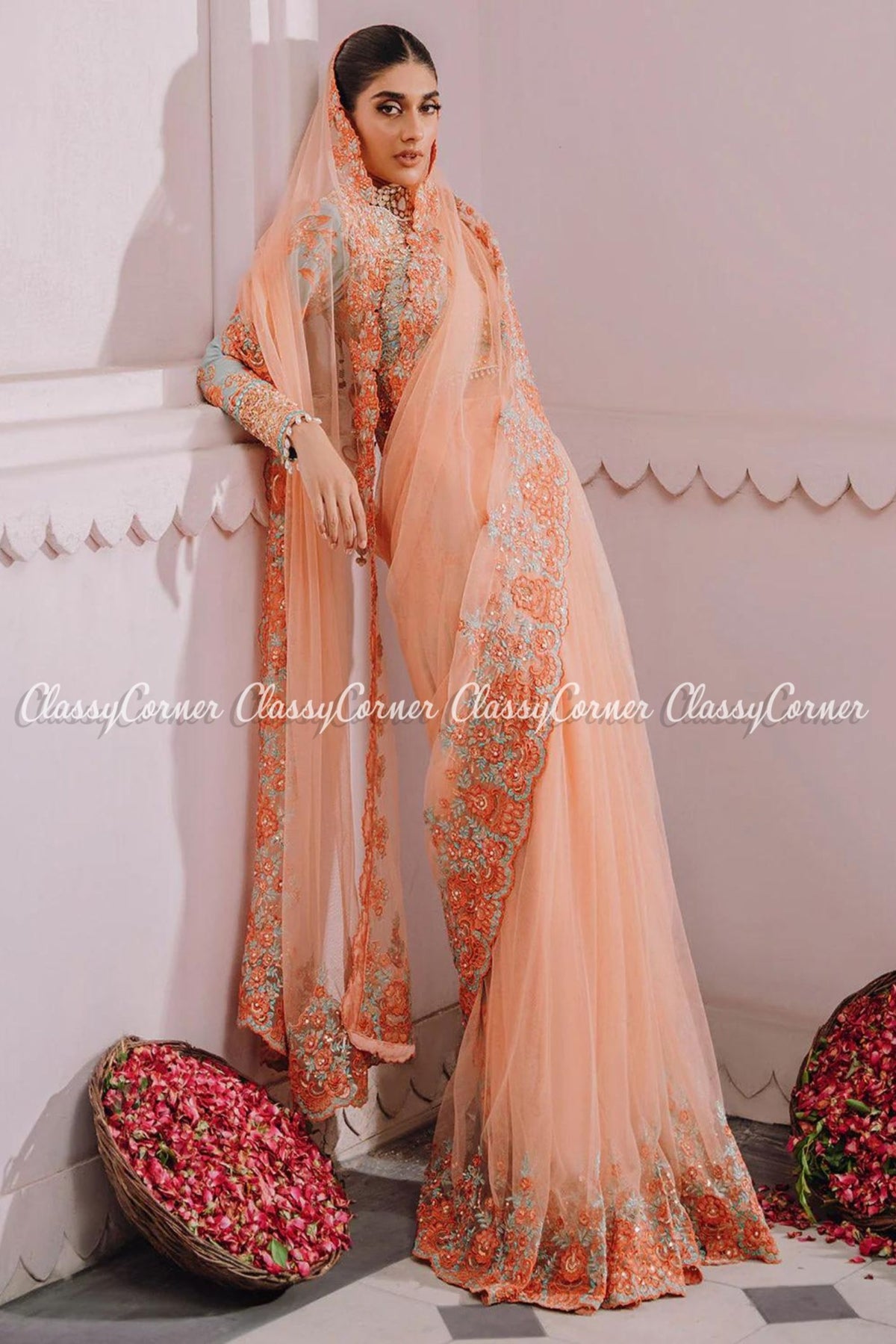 Peach Net Wedding Wear Saree