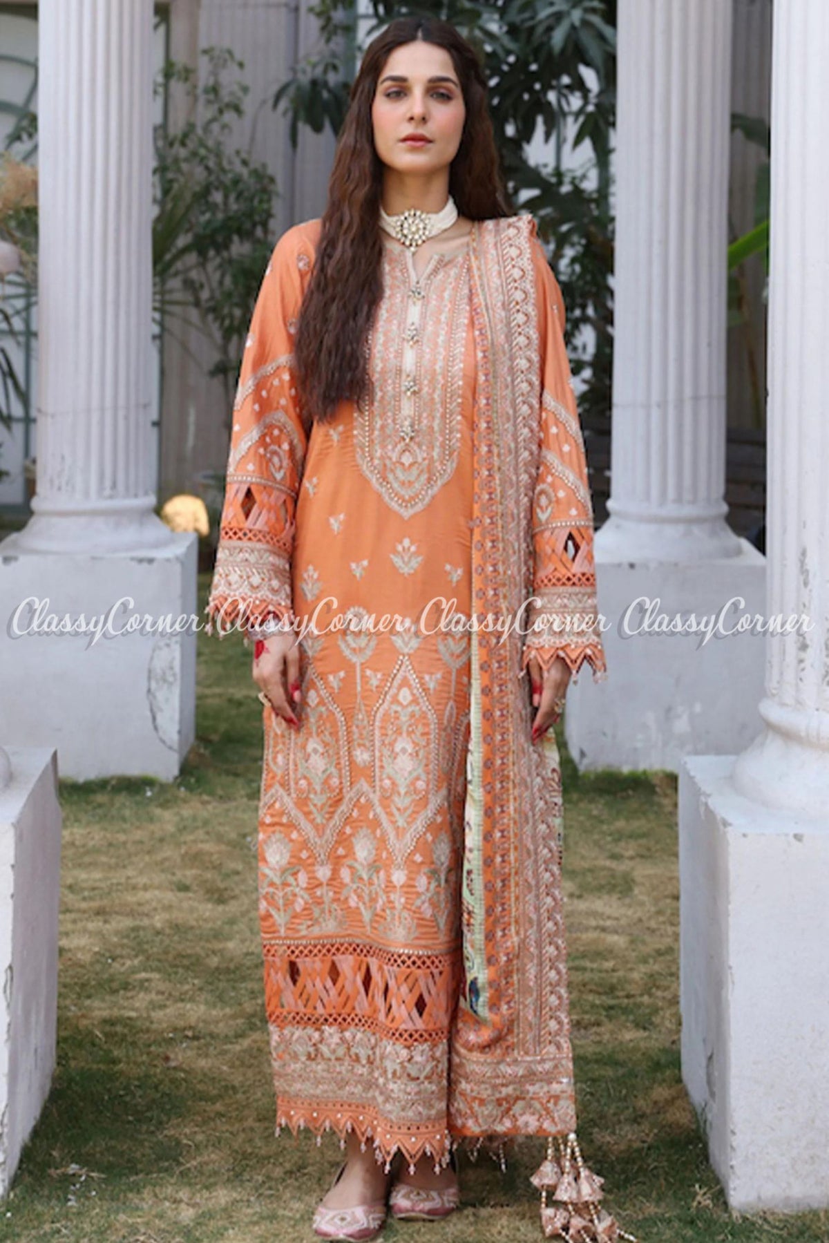 Orange Peach White Lawn Embroidered Salwar Kameez