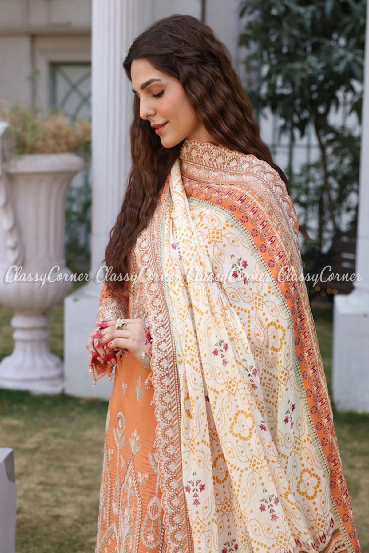 Orange Peach White Lawn Embroidered Salwar Kameez