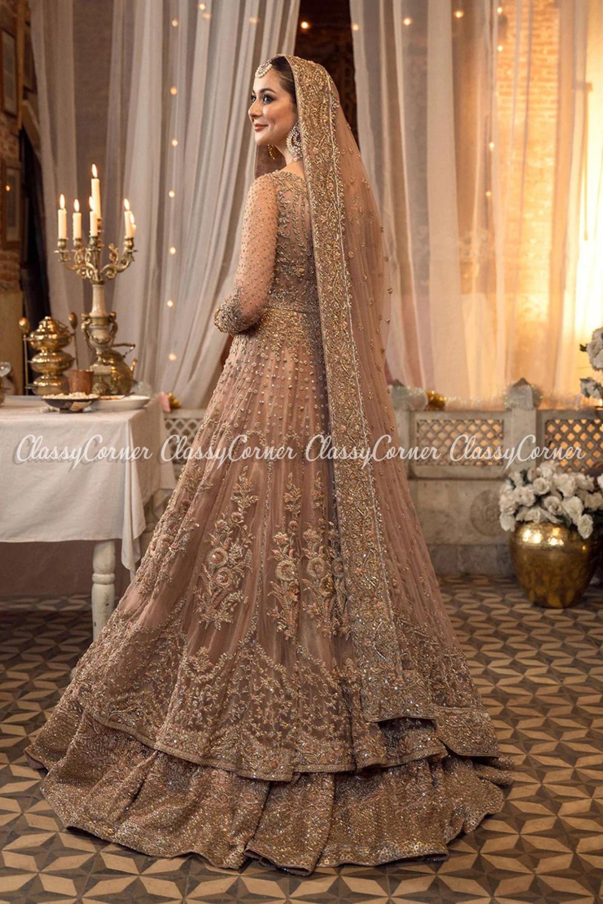 Peach Pink Golden Net Embellished Bridal Wear Gown