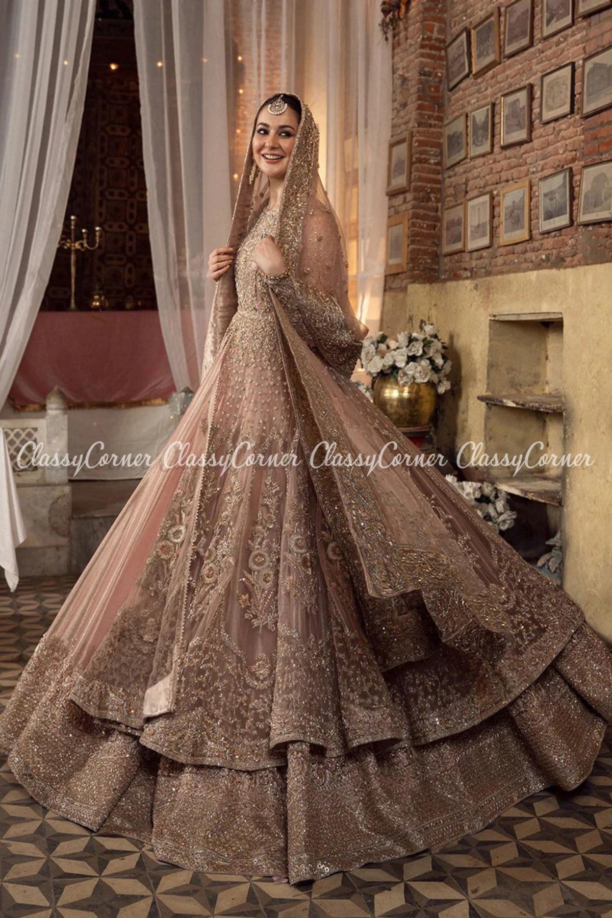 Peach Pink Golden Net Embellished Bridal Wear Gown