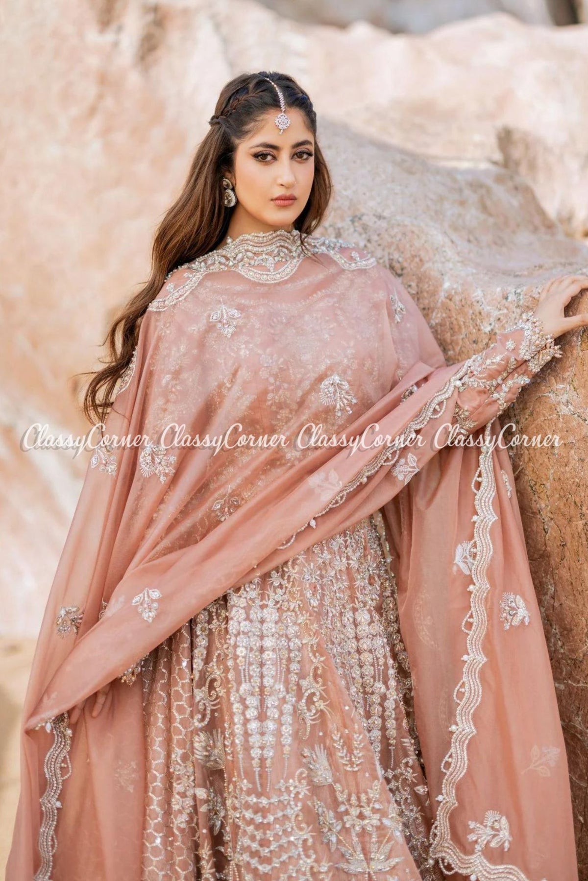 Peach Pink Organza Embellished Bridal Wear Lehenga