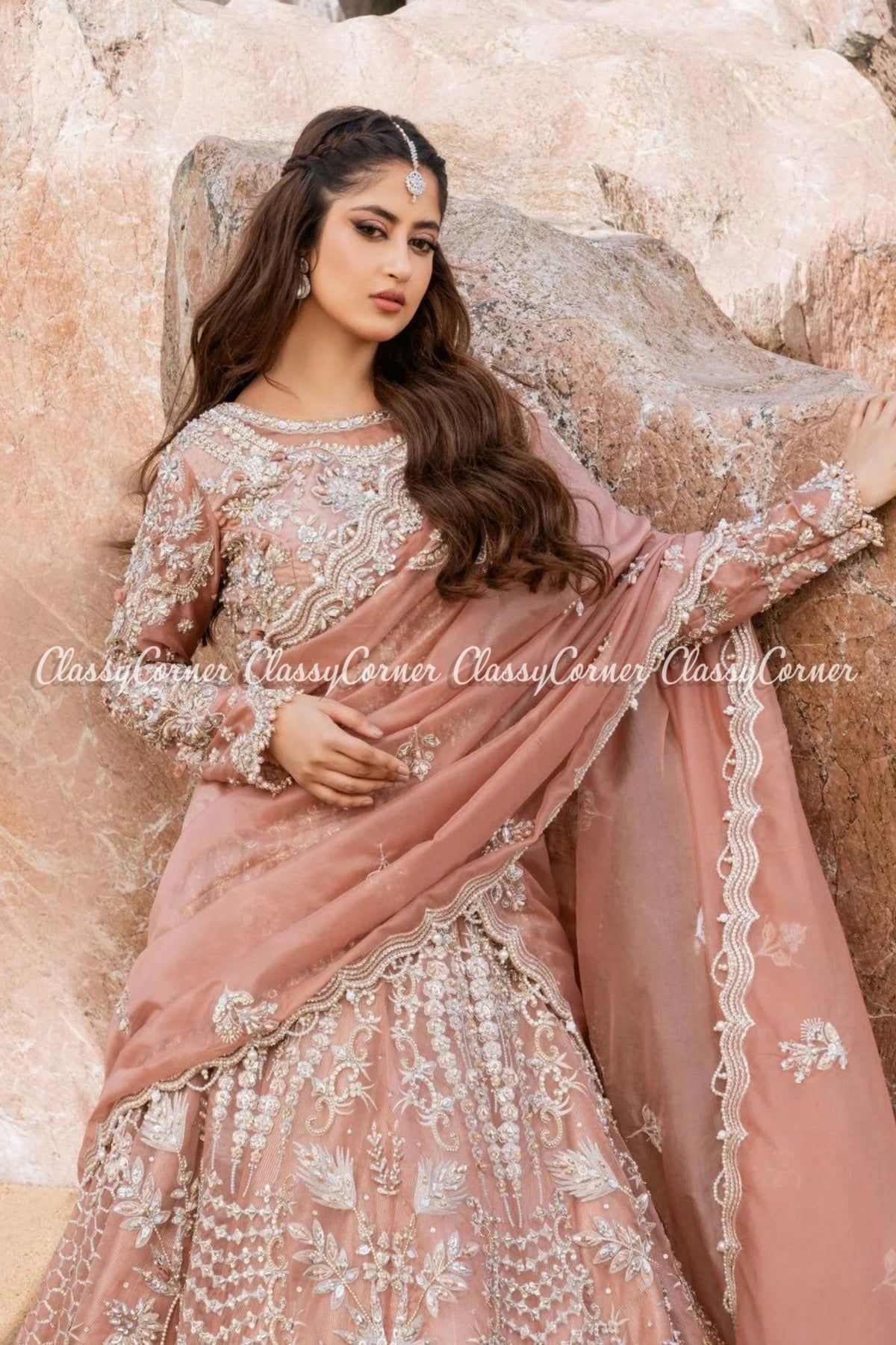 Peach Pink Organza Embellished Bridal Wear Lehenga