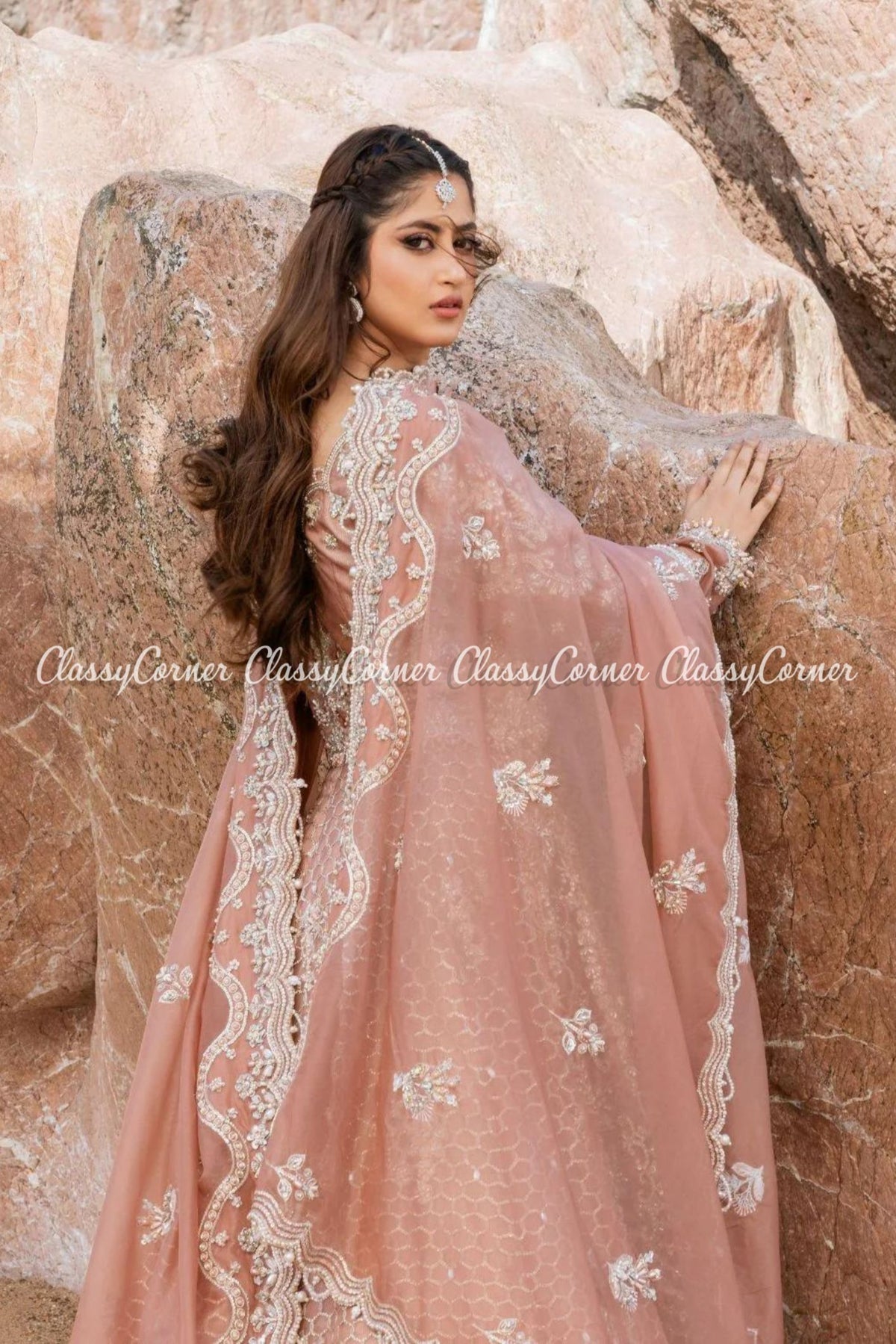 Peach Pink Organza Embellished Bridal Wear Lehenga