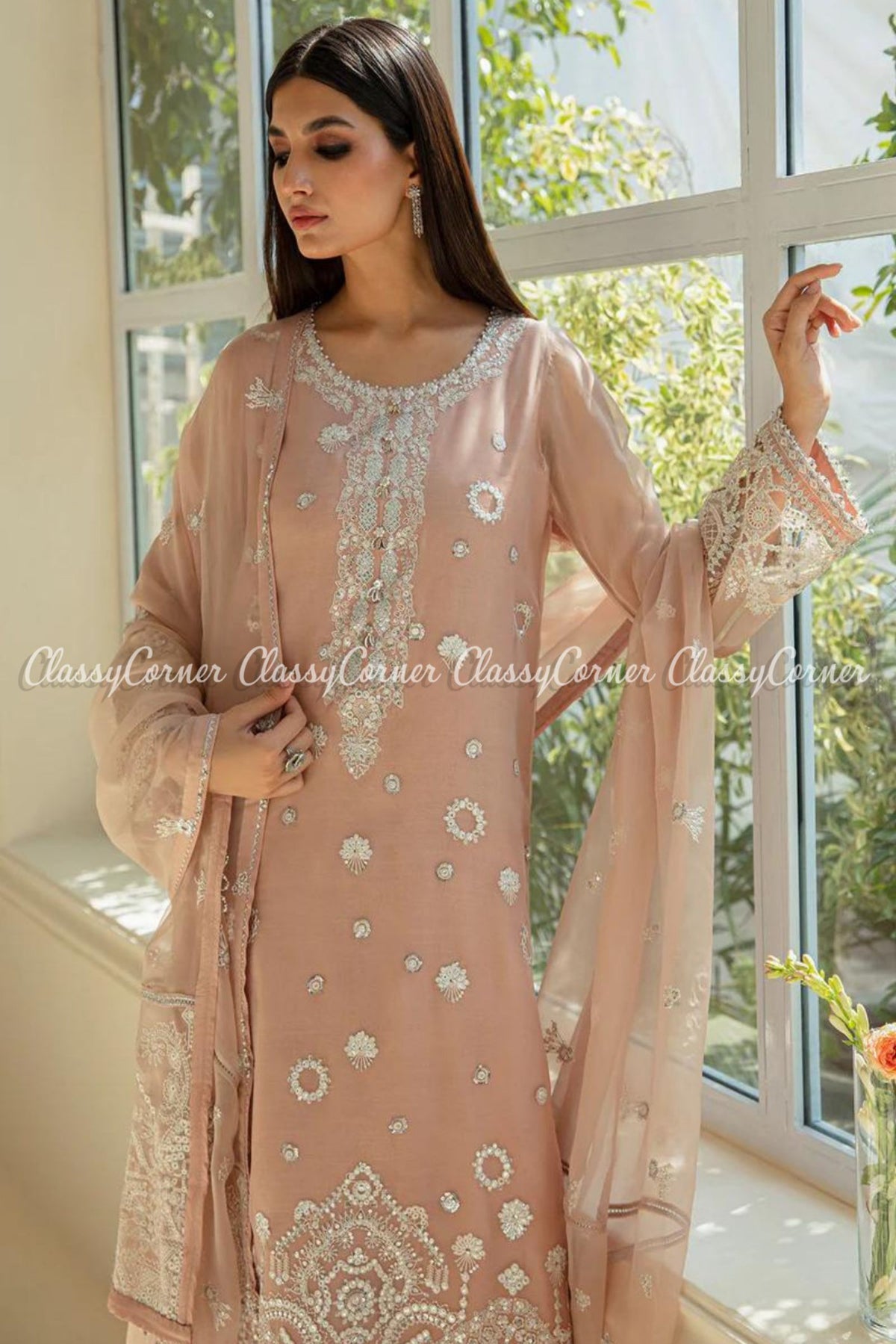 Peach Pink Chiffon Embroidered Wedding Wear Suit