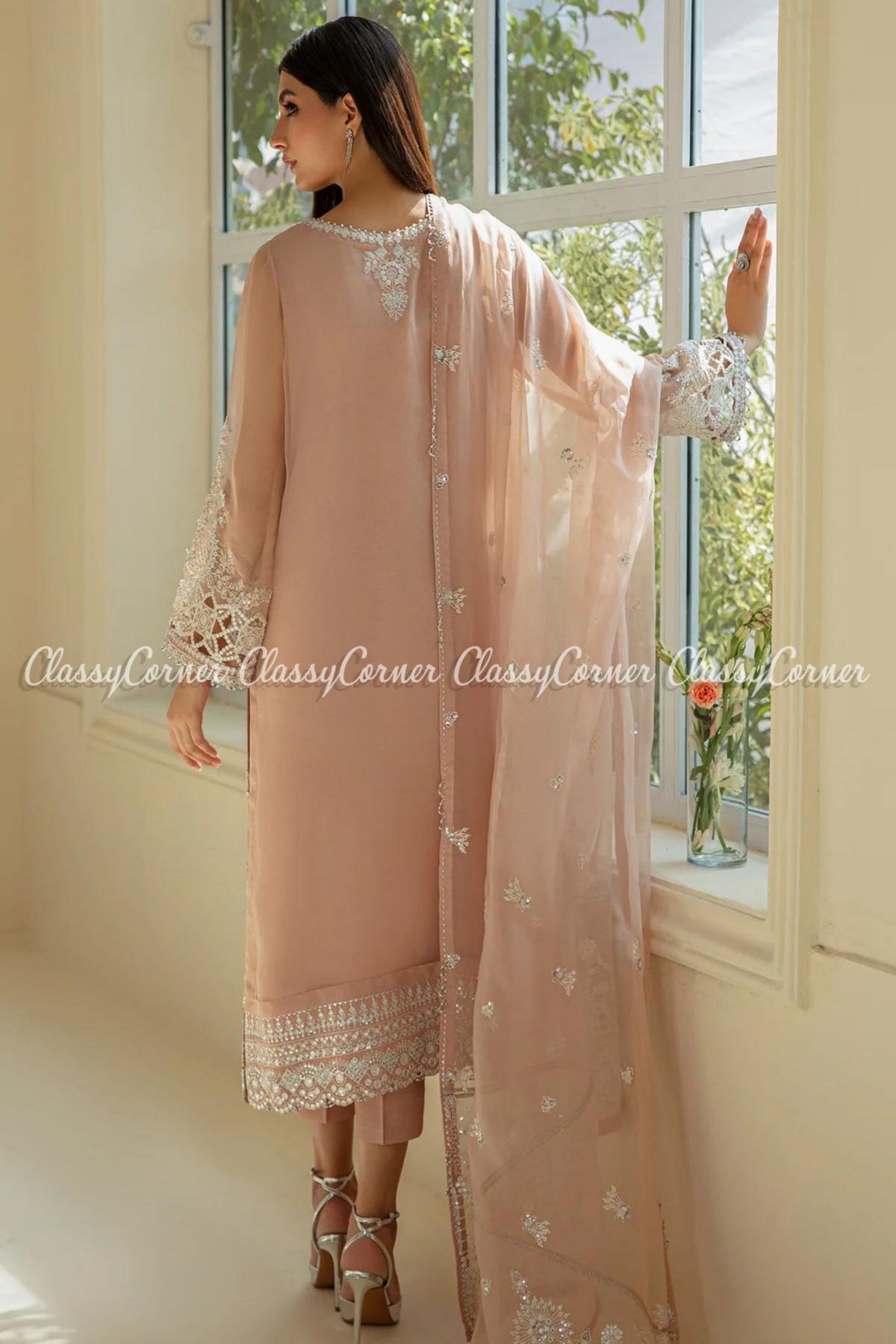 Peach Pink Chiffon Embroidered Wedding Wear Suit