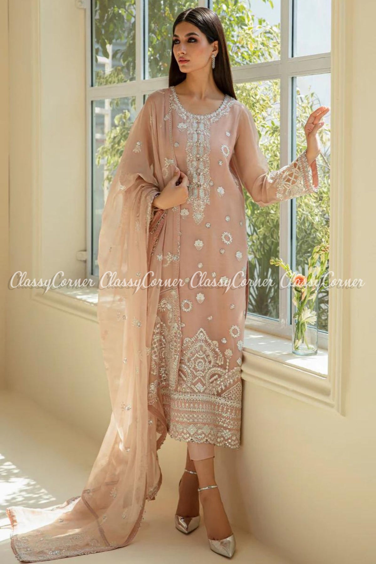 Peach Pink Chiffon Embroidered Wedding Wear Suit