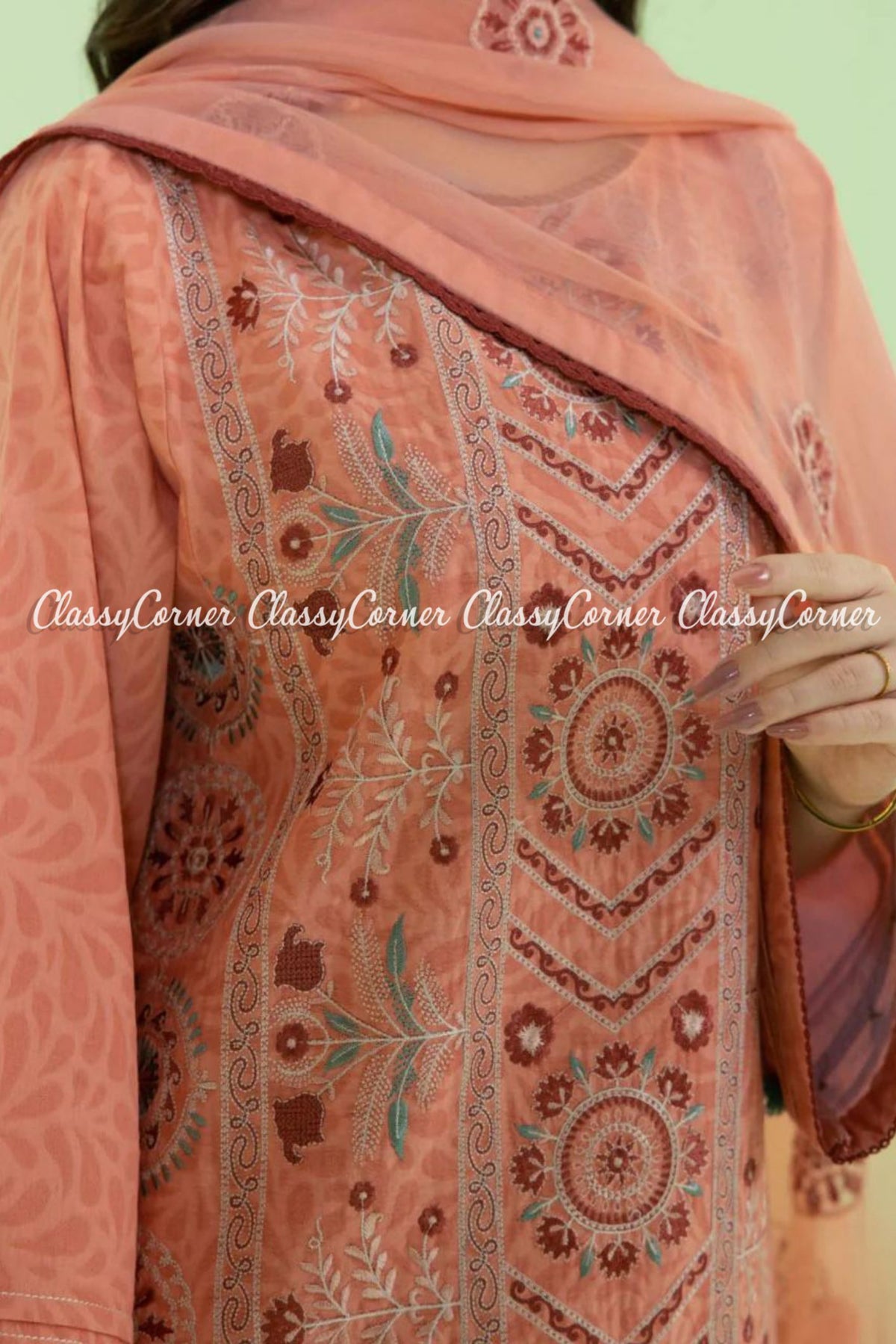 Peach Multicolor Lawn Embroidered Salwar Kameez Outfit