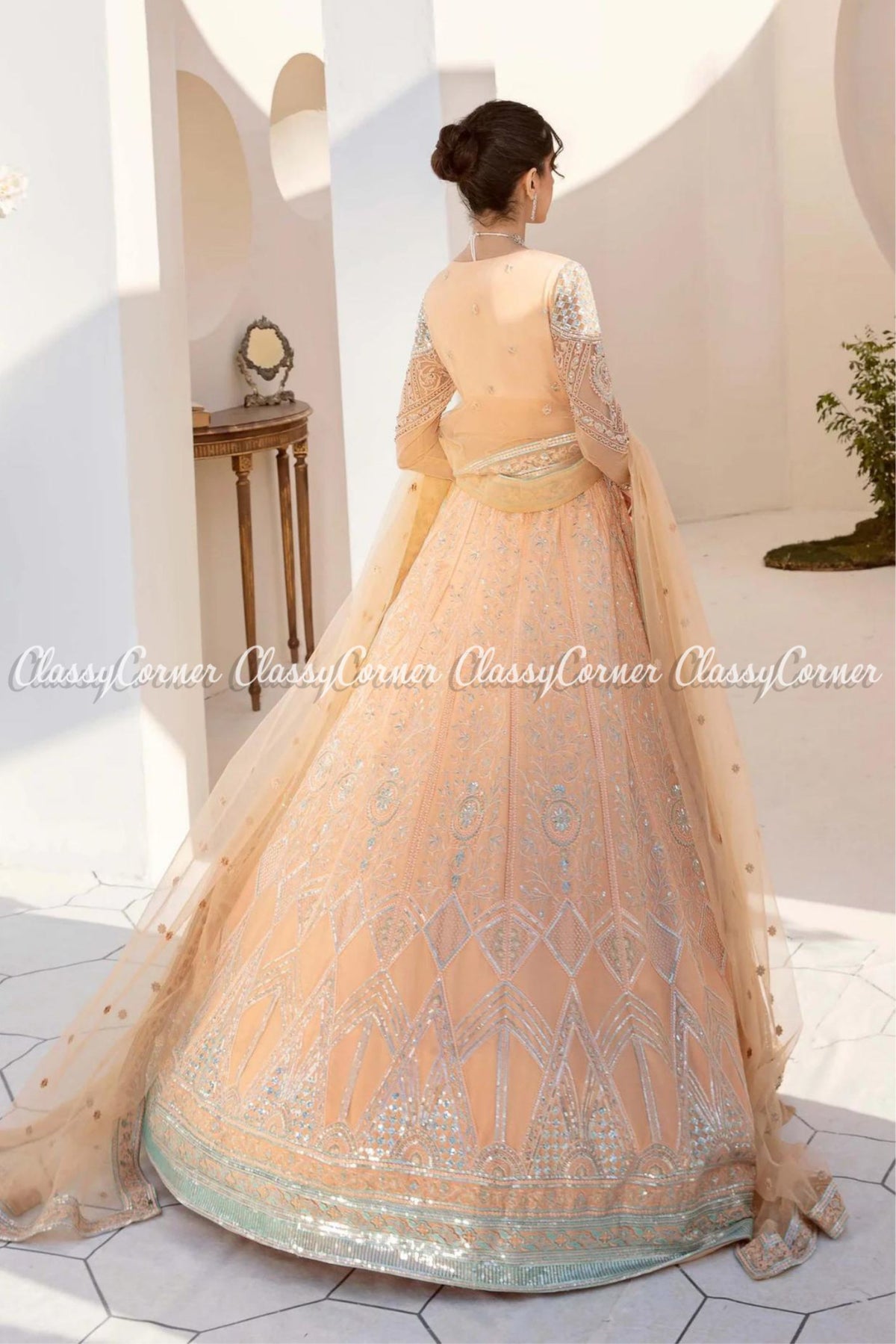 Peach Silver Net Embroidered Party Wear Gown