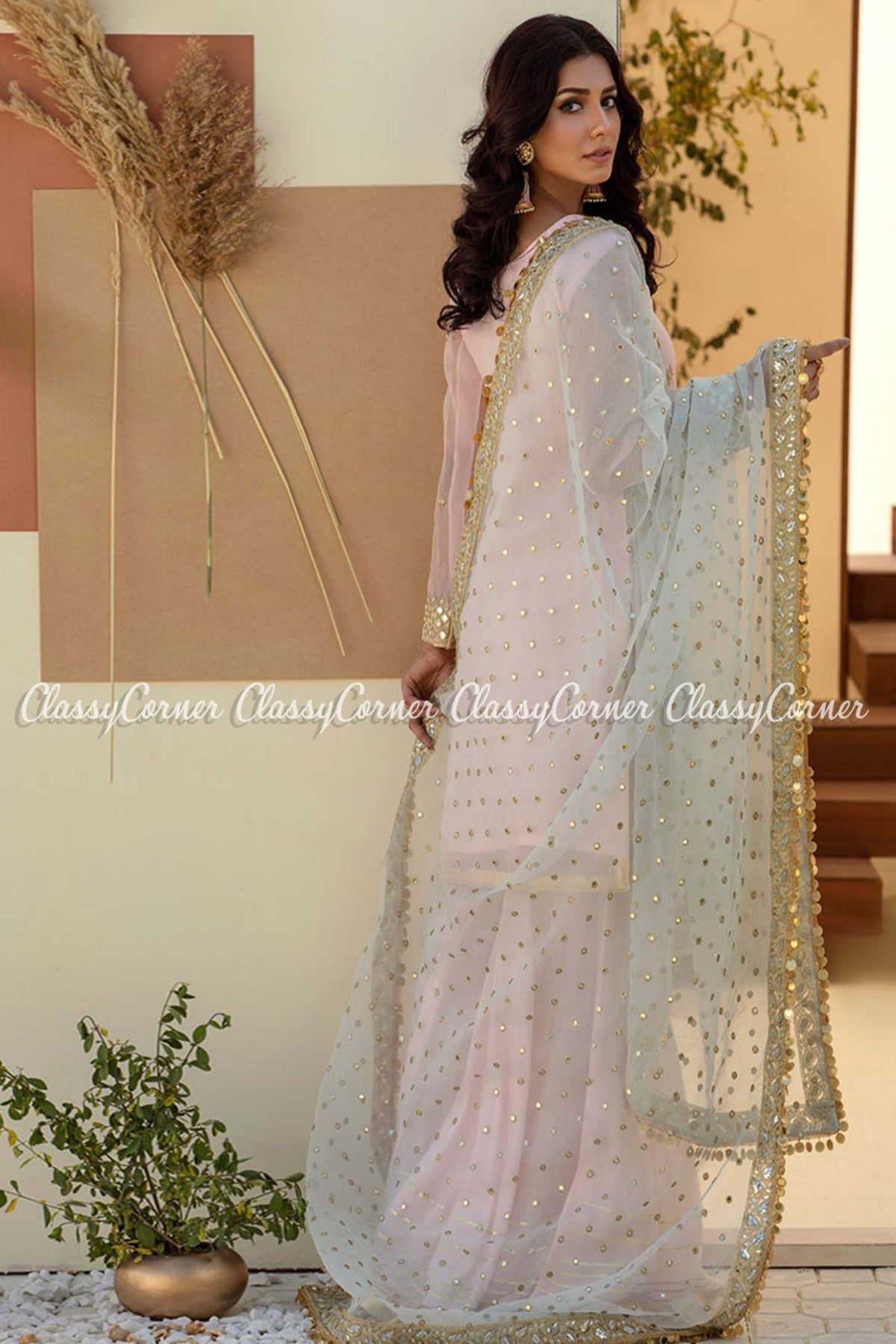 Pink Golden Organza Party Wear Gharara