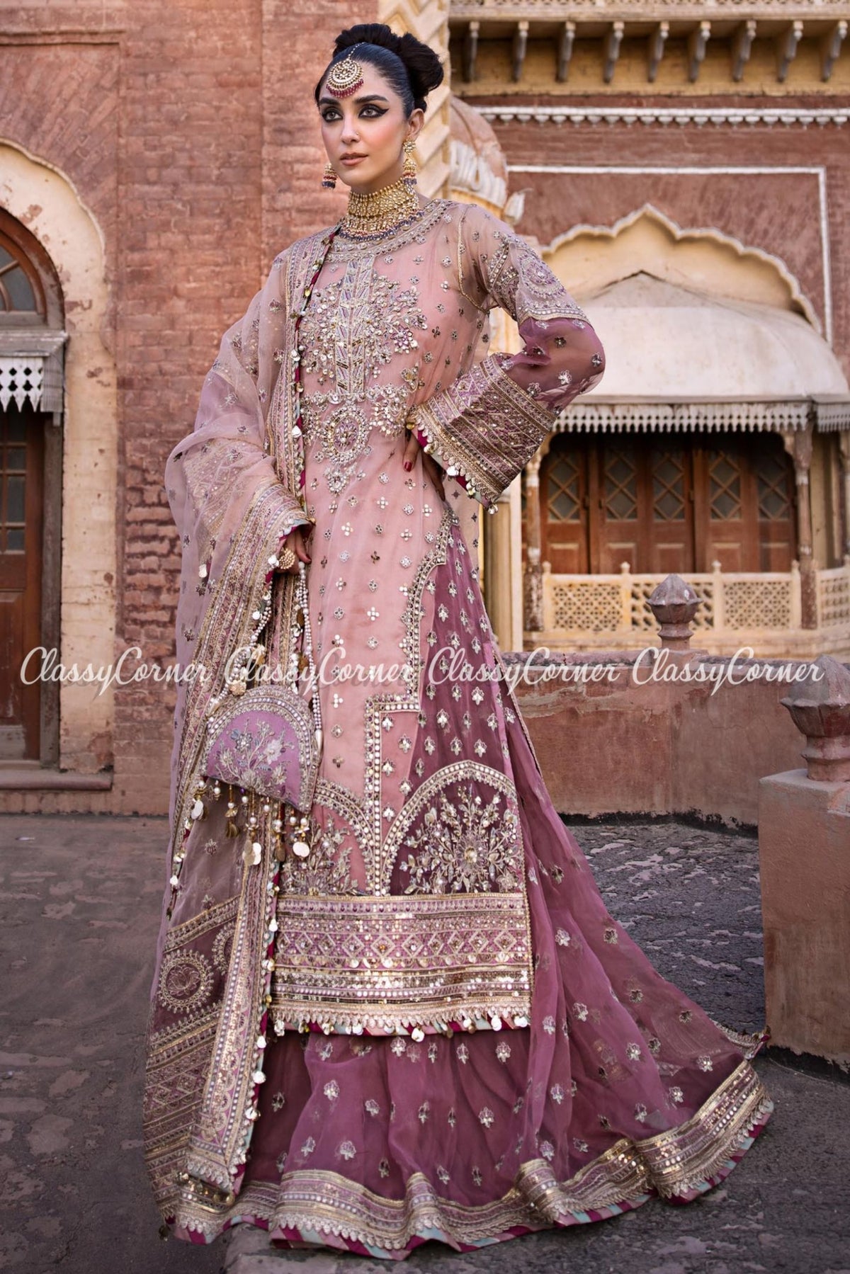 Pink Silver Organza Bridal Wear Gharara