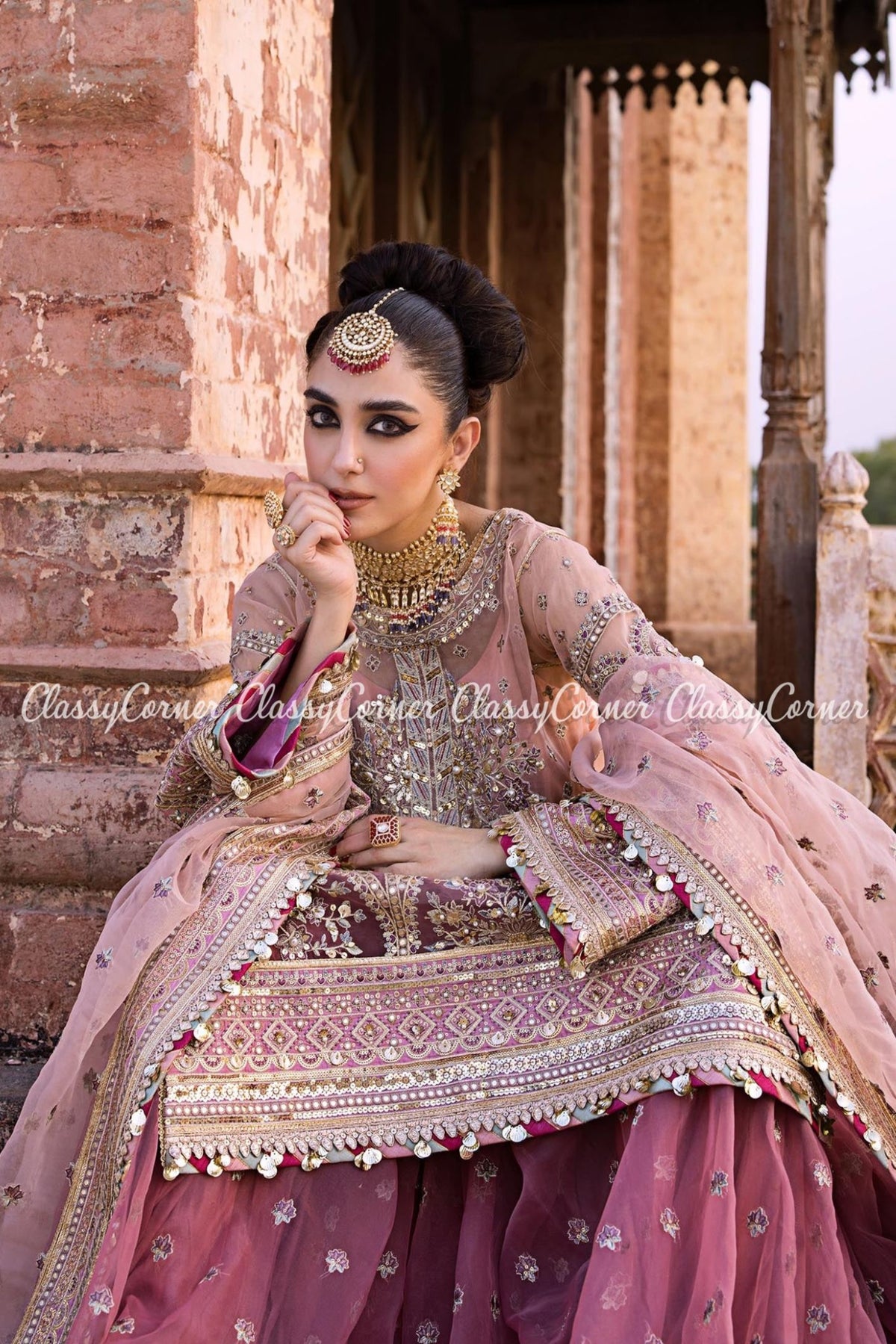 Pink Silver Organza Bridal Wear Gharara