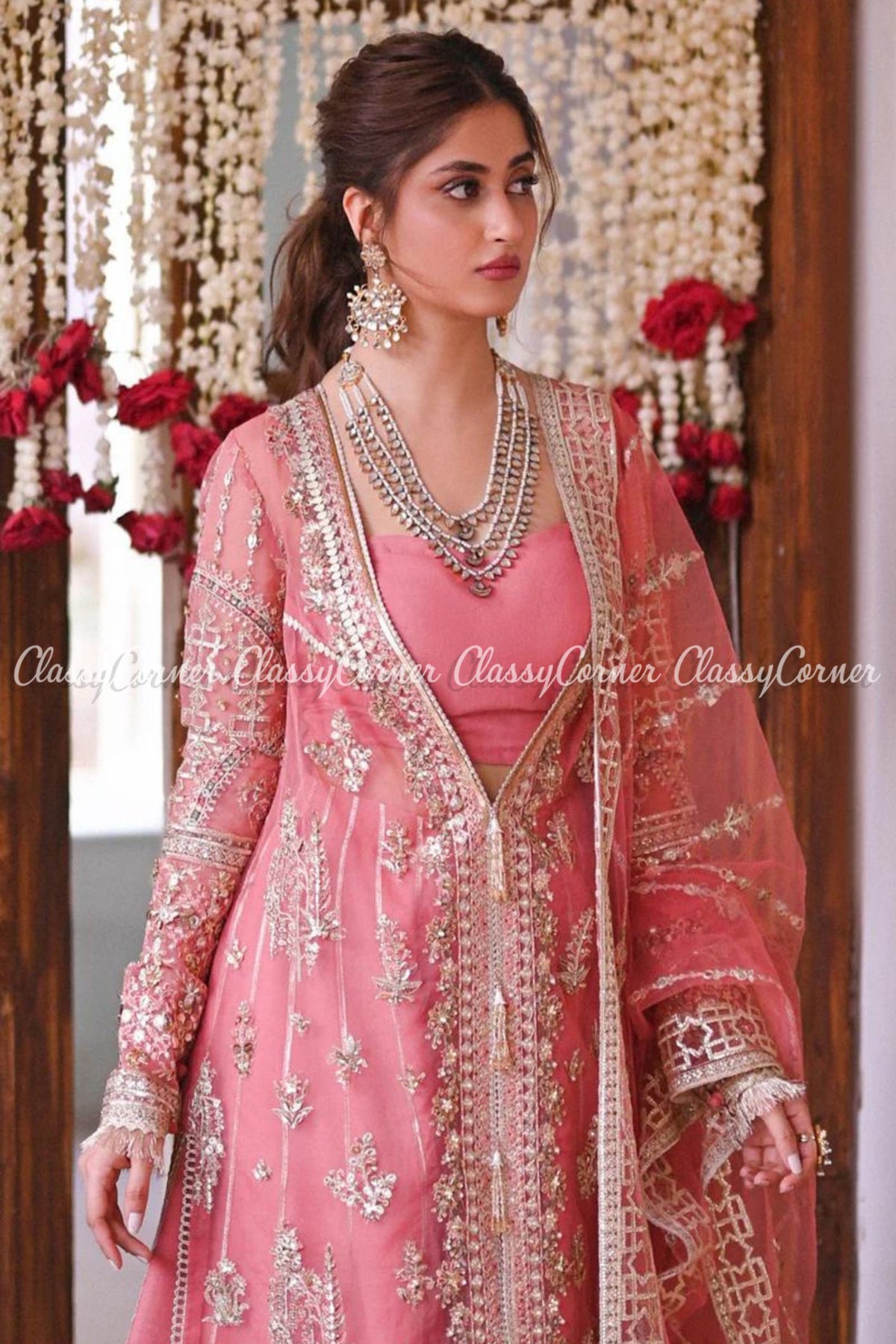 Pink Golden Organza Embroidered Party Wear Sharara Dress