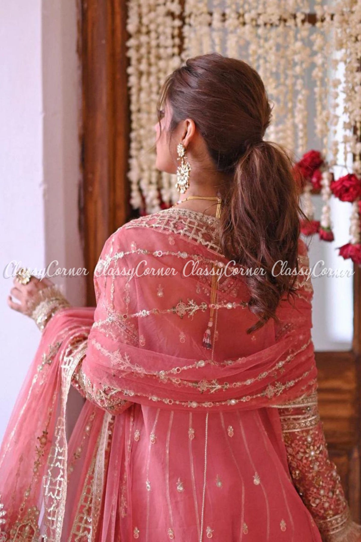 Pink Golden Organza Embroidered Party Wear Sharara Dress