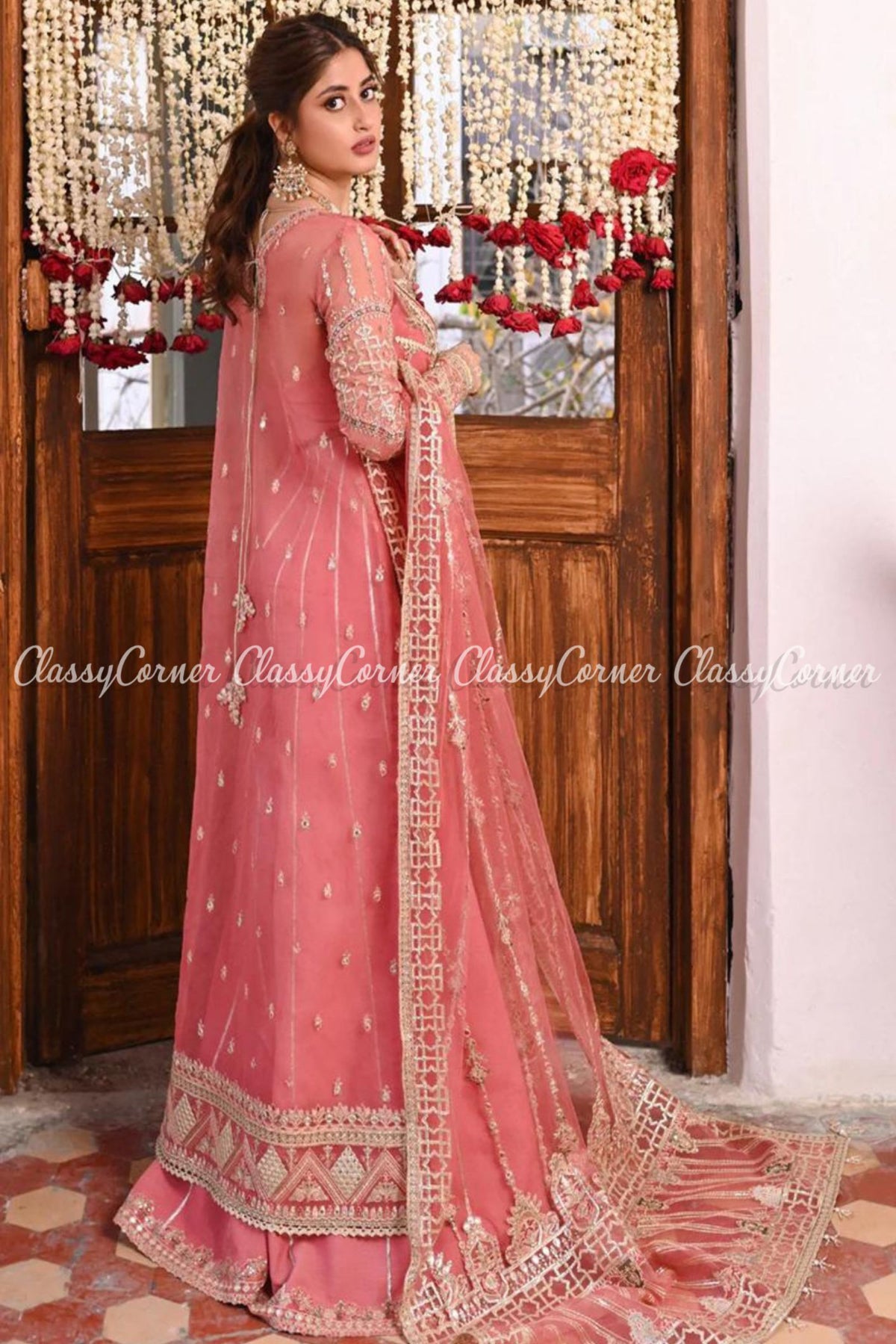 Pink Golden Organza Embroidered Party Wear Sharara Dress