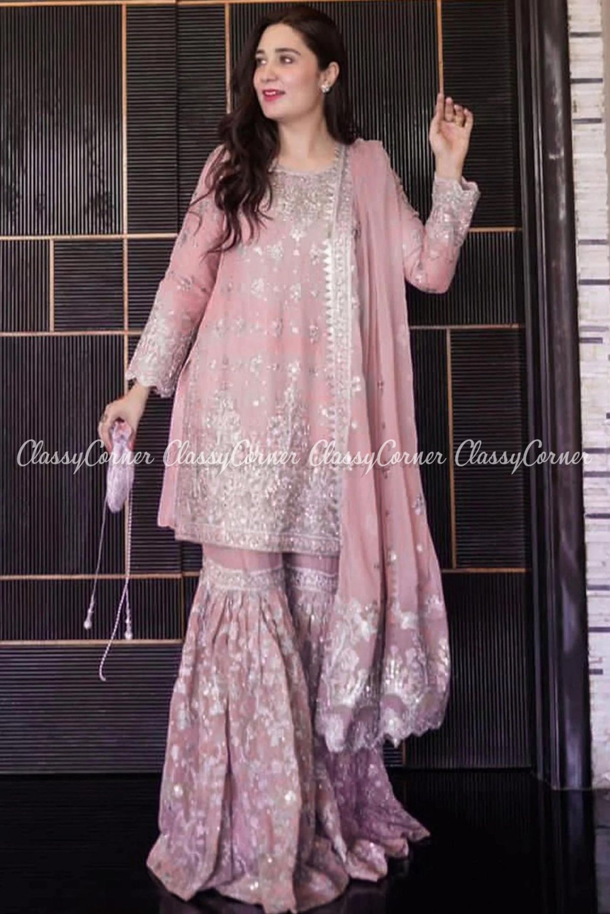 Pink Silver Chiffon Embroidered Readymade Gharara