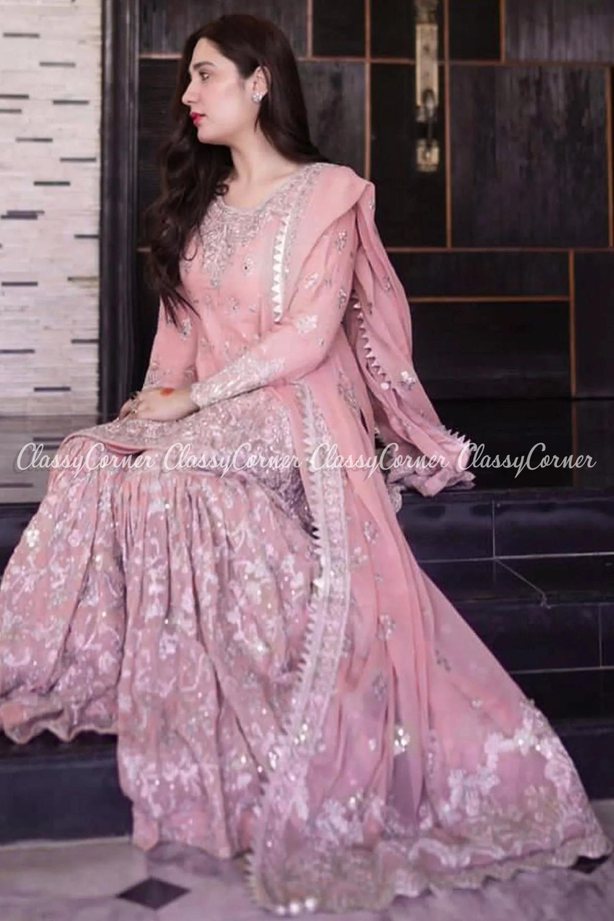 Pink Silver Chiffon Embroidered Readymade Gharara