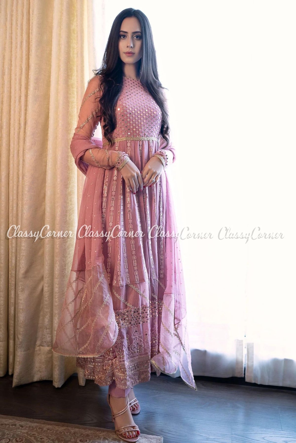 Tea Pink Chiffon Wedding Wear Readymade Outfit