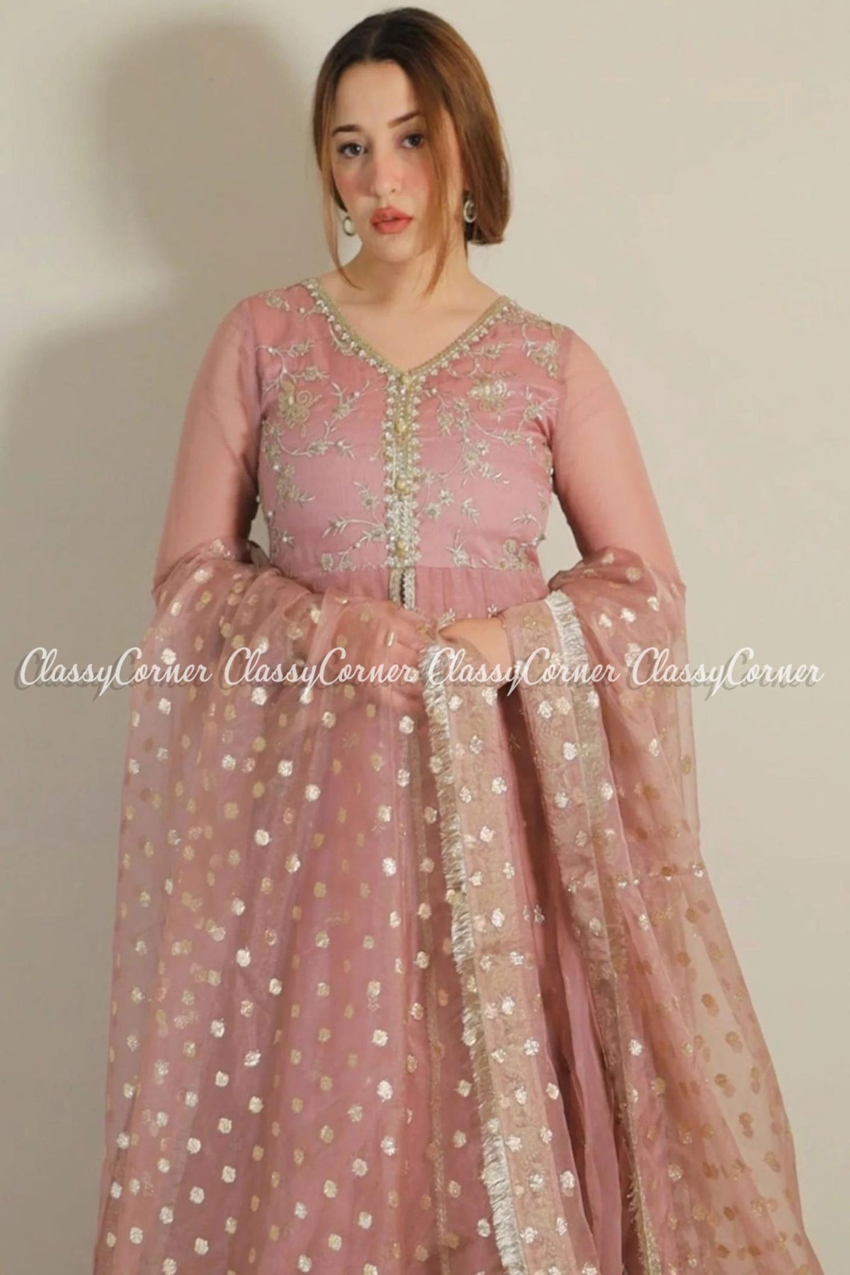 Tea Pink Organza Embroidered Bridal Wear Gown