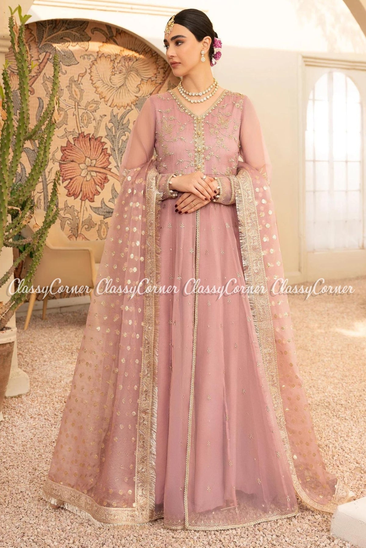 Tea Pink Organza Embroidered Bridal Wear Gown