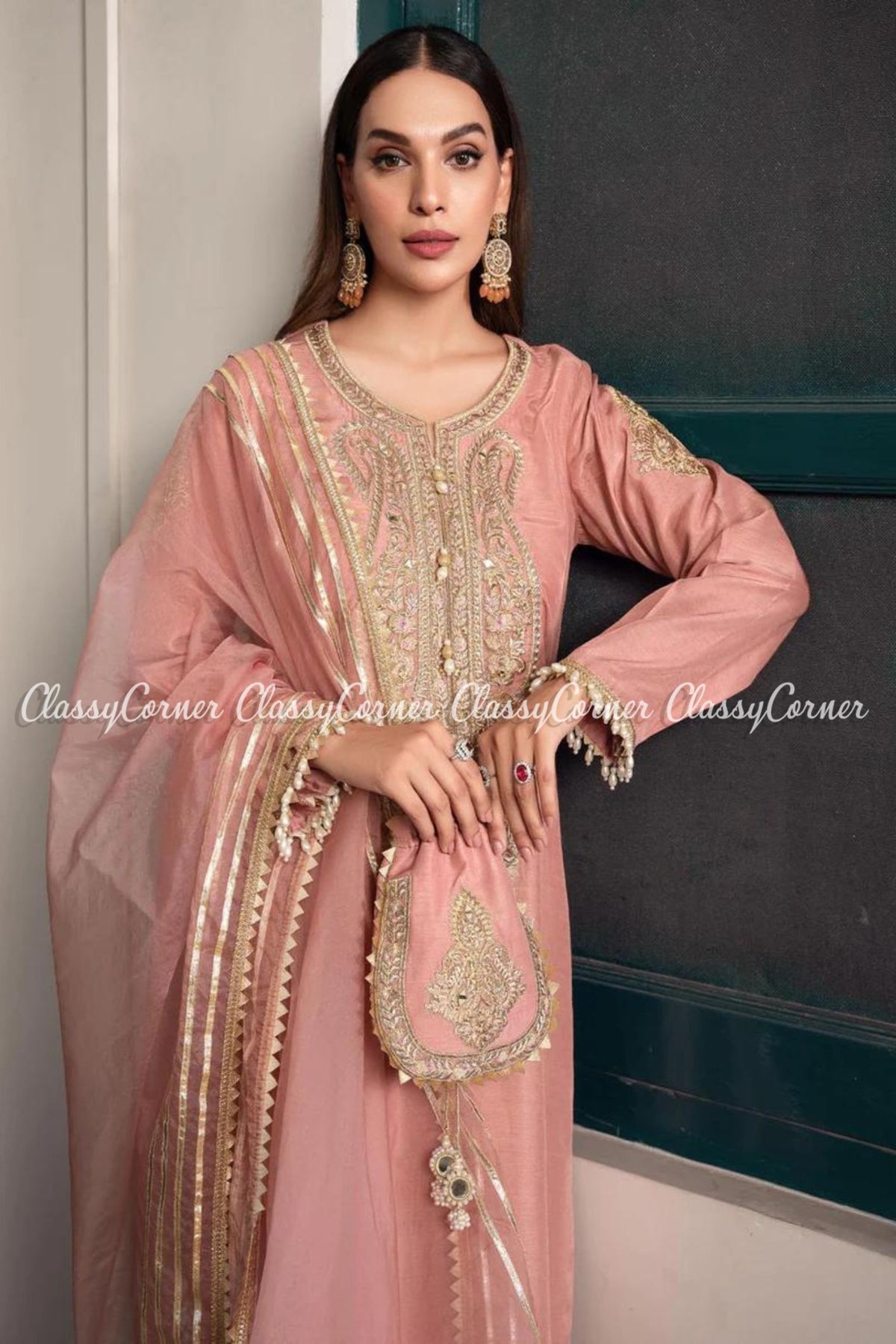 Peach Golden Pakistani Party Wear Salwar Kameez