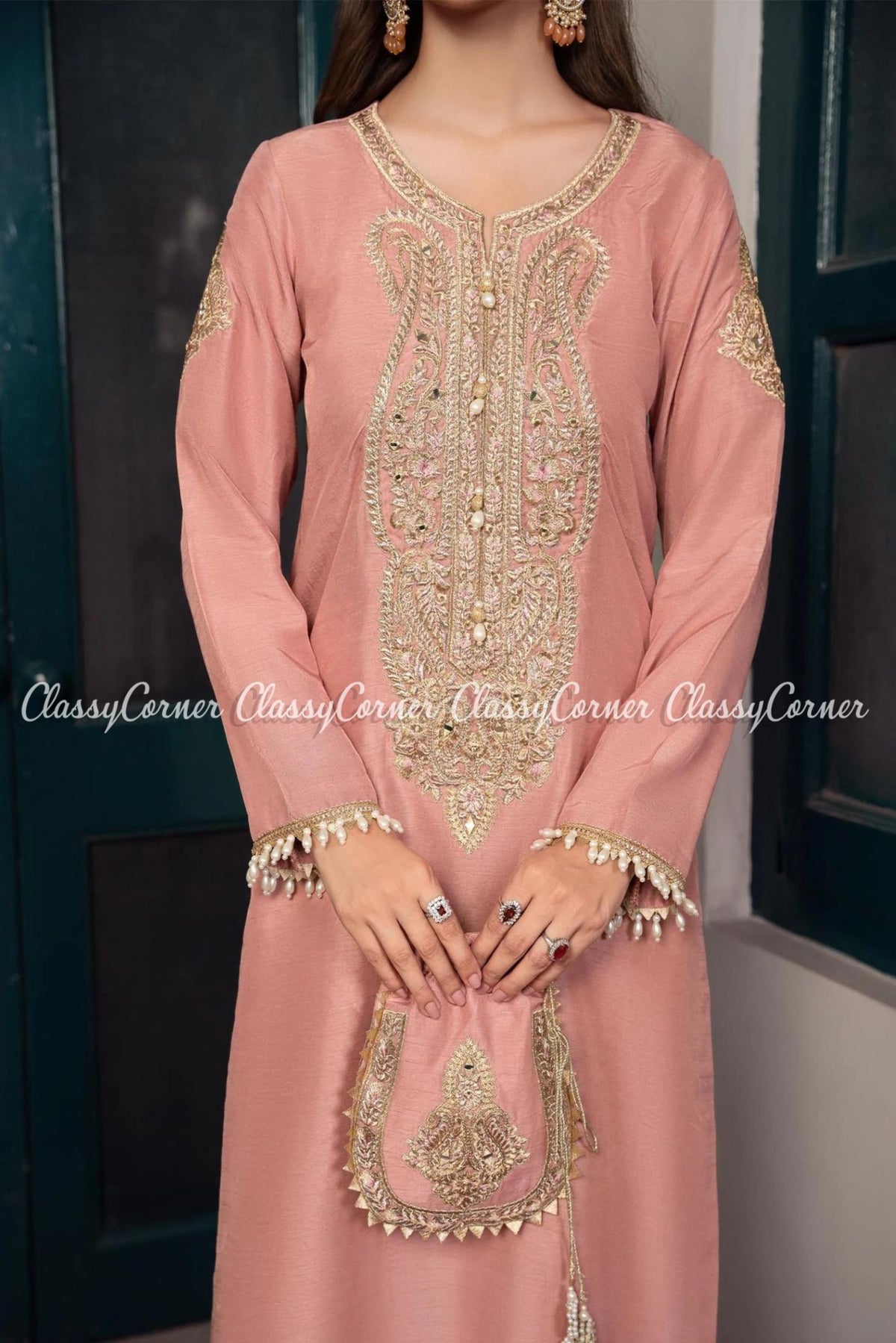 Peach Golden Pakistani Party Wear Salwar Kameez