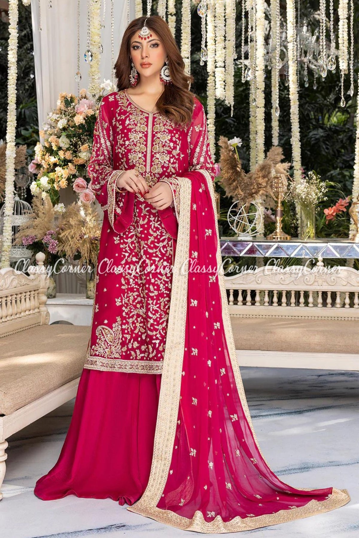 Hot Pink Golden Chiffon Embellished Sharara Outfit