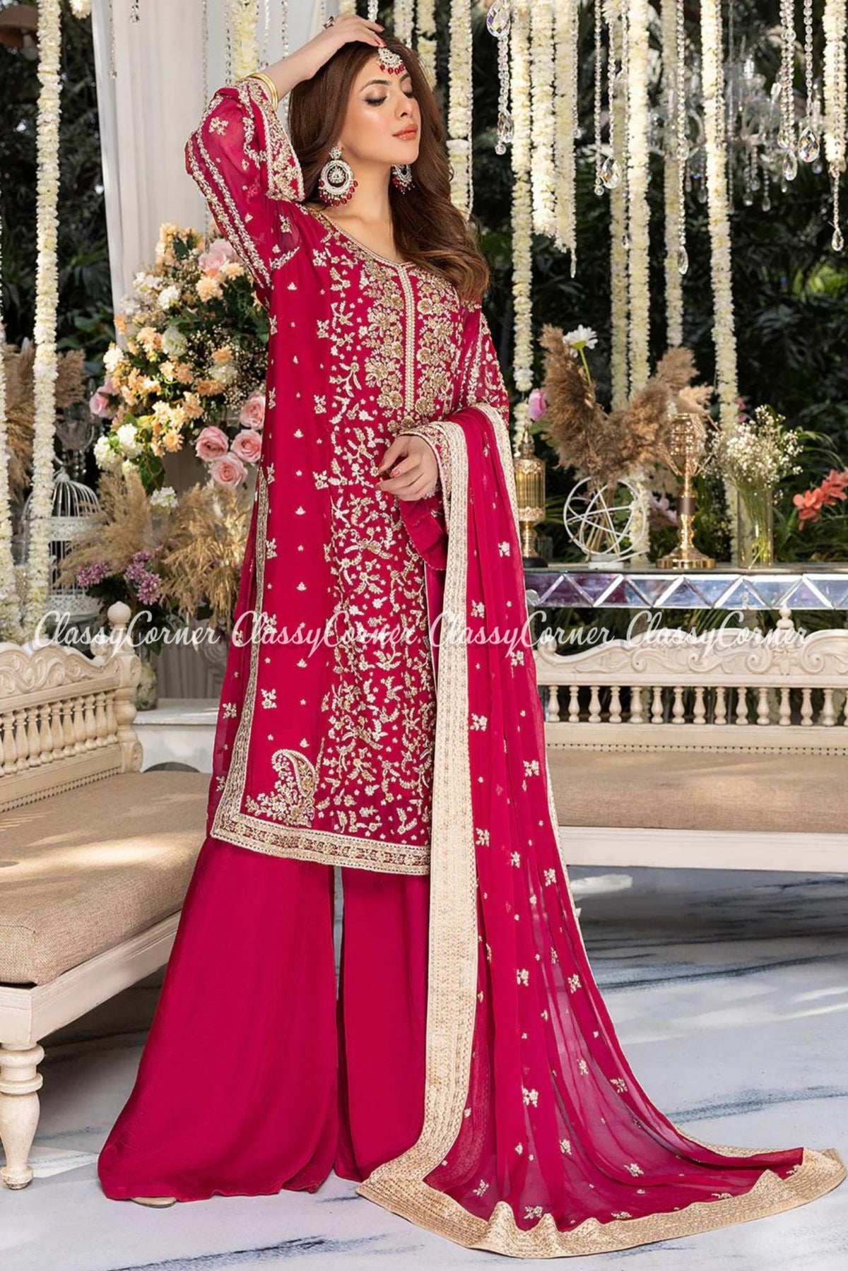 Hot Pink Golden Chiffon Embellished Sharara Outfit