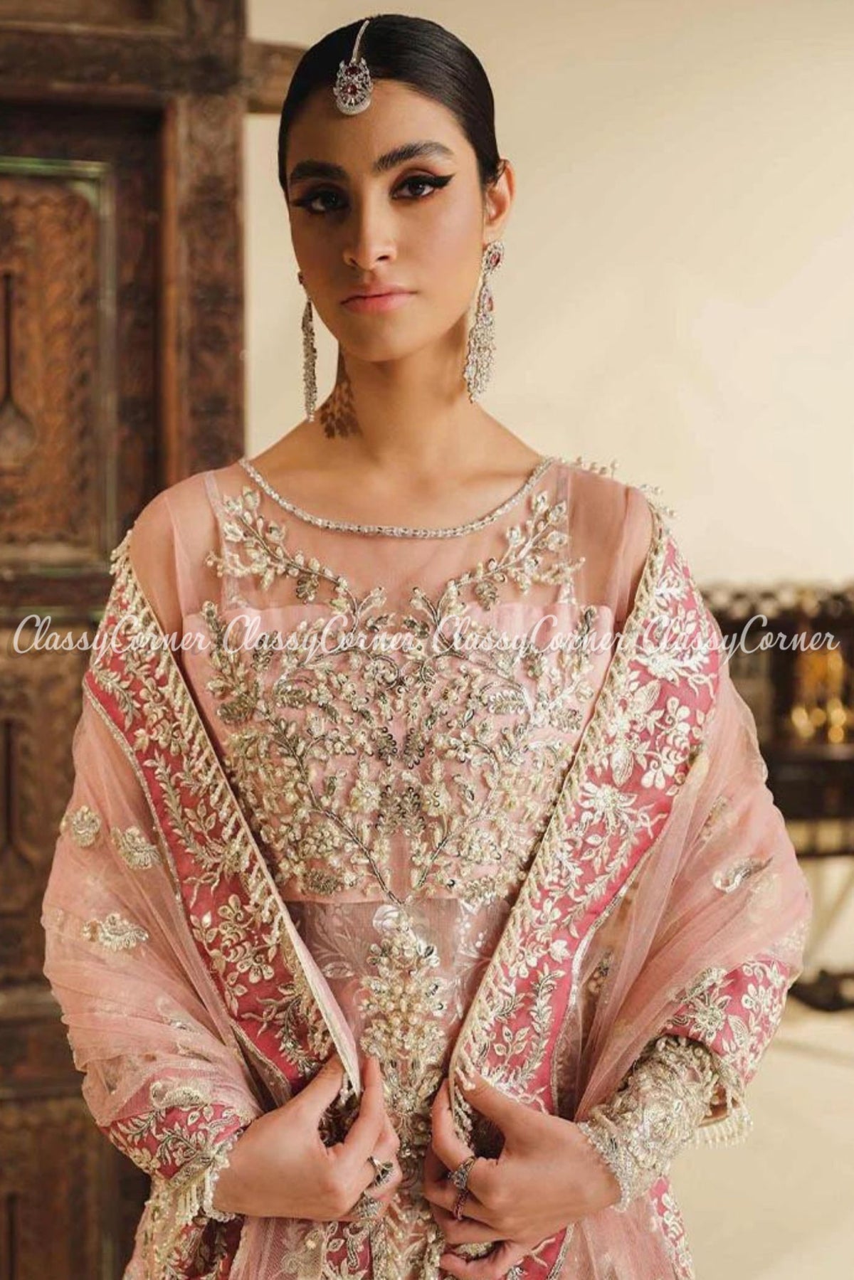 Soft Pink Golden Net Embellished Wedding Wear Sharara