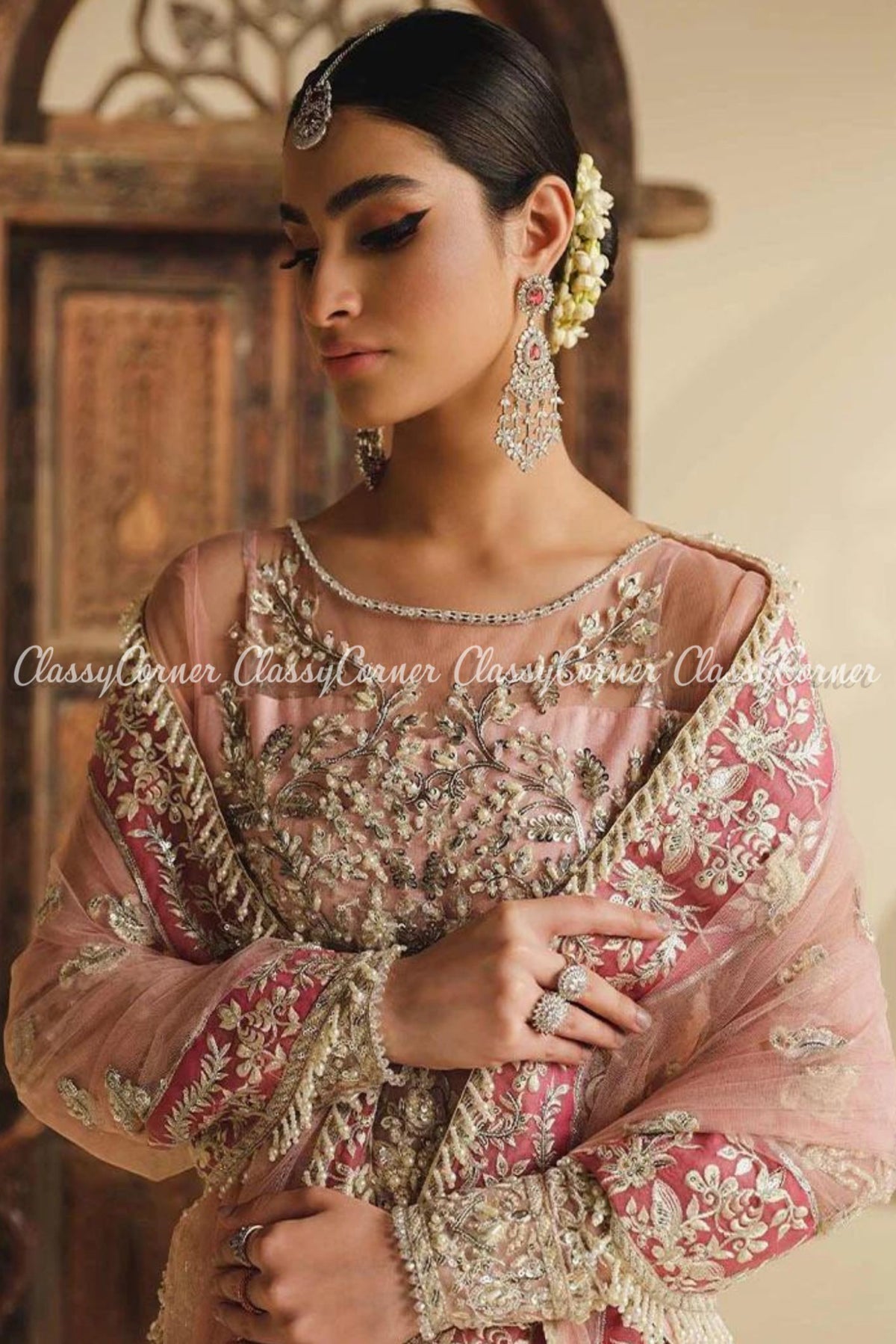 Soft Pink Golden Net Embellished Wedding Wear Sharara