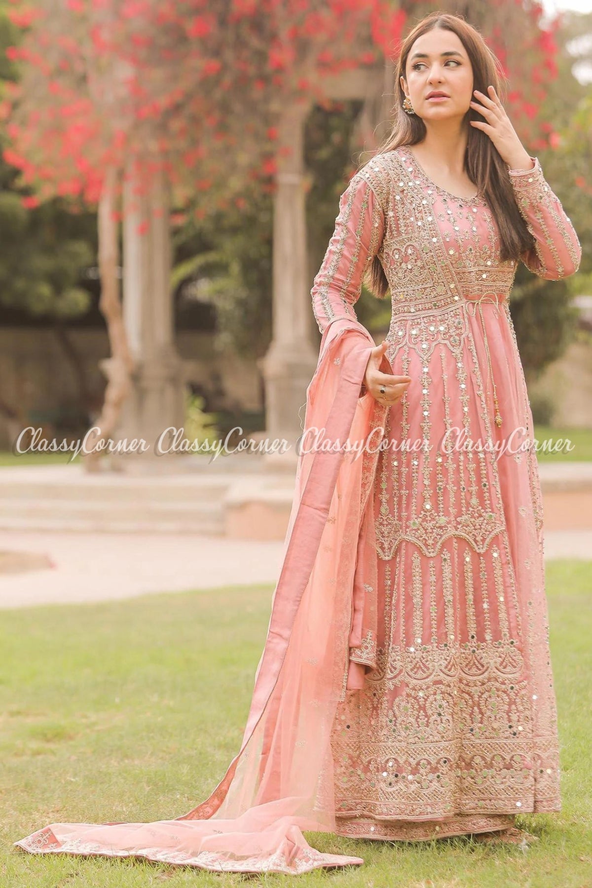 Light Pink Net Embroidered Wedding Wear Gown