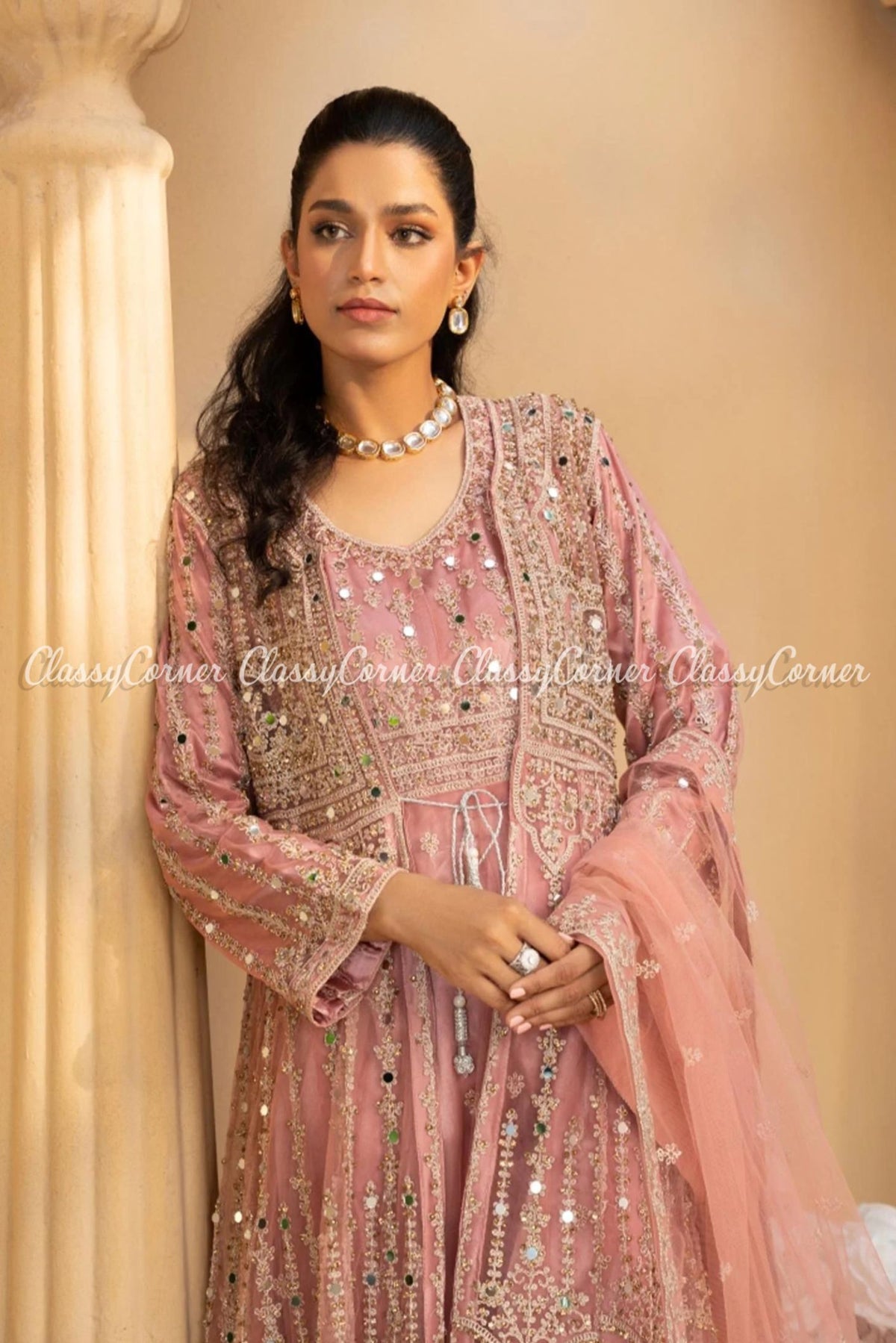 Light Pink Net Embroidered Wedding Wear Gown