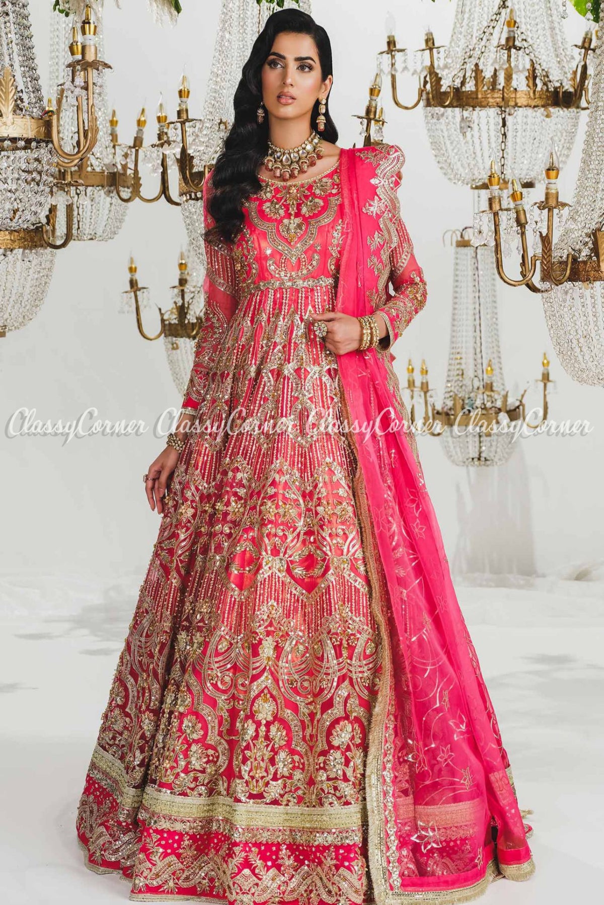 Bright Pink Organza Bridal Wear Gown