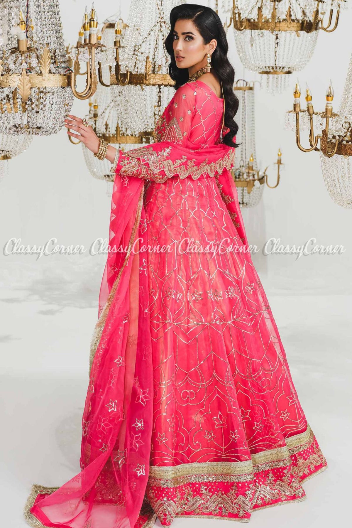 Bright Pink Organza Bridal Wear Gown