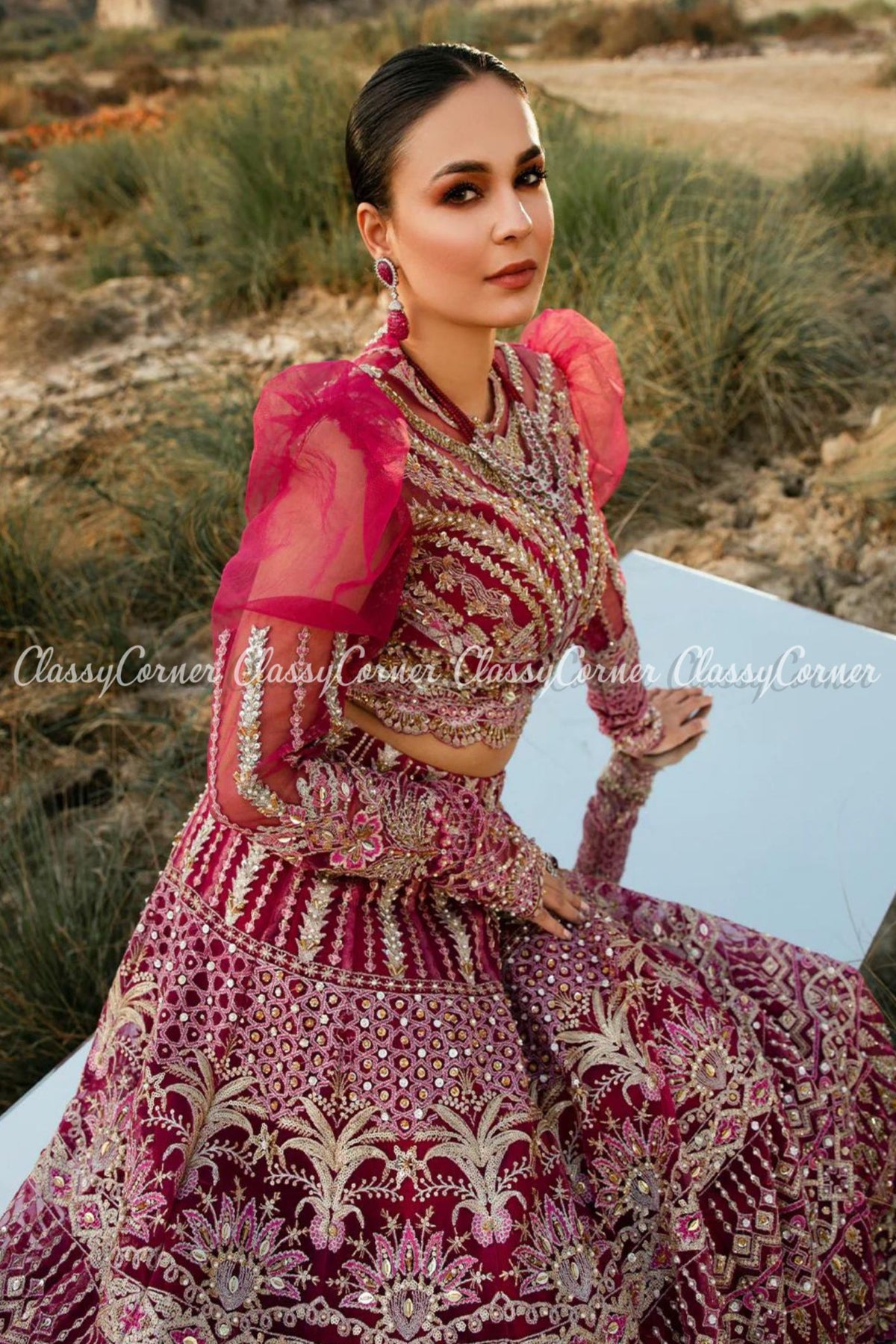 Hot Pink Silver Gold Net Embellished Wedding Wear Lehenga