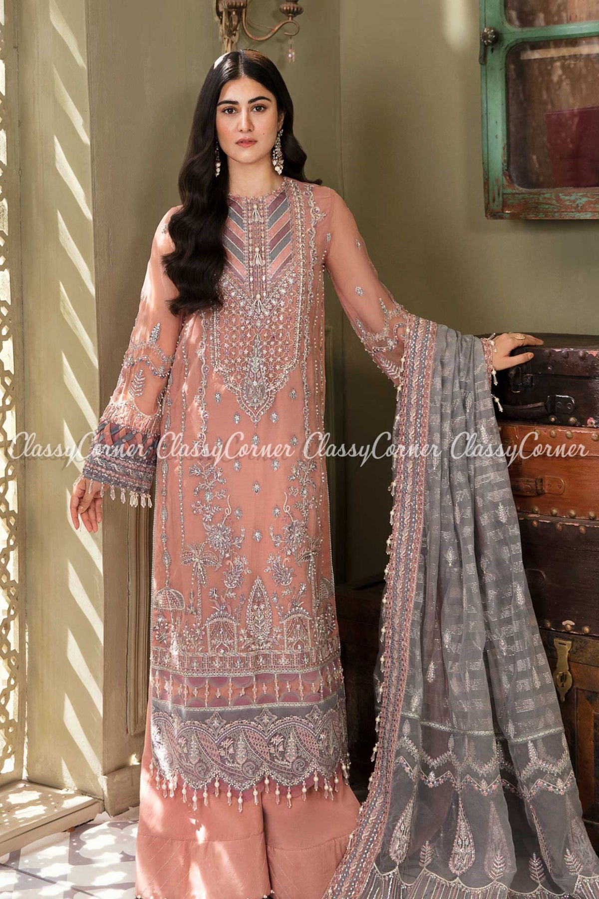 Pakistani Pink Mauve Organza Net Embroidered Salwar Kameez