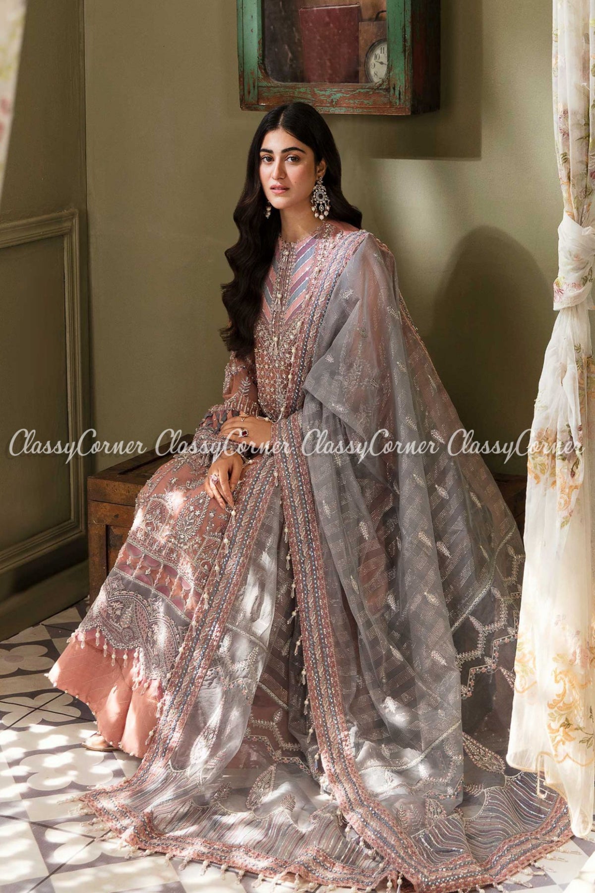 Pakistani Pink Mauve Organza Net Embroidered Salwar Kameez