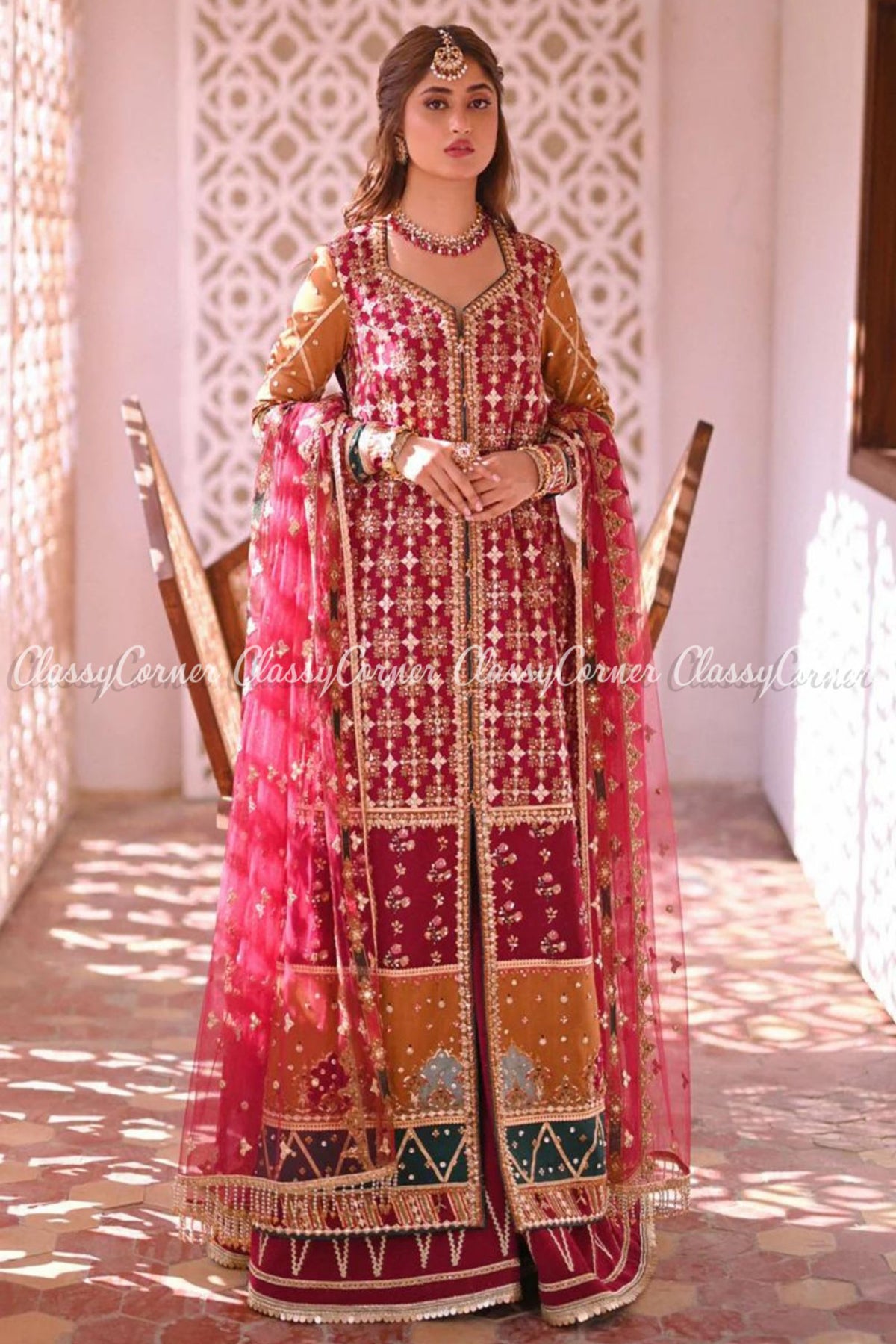 Hot Pink Orange Gota Work Wedding Wear Sharara Outfit