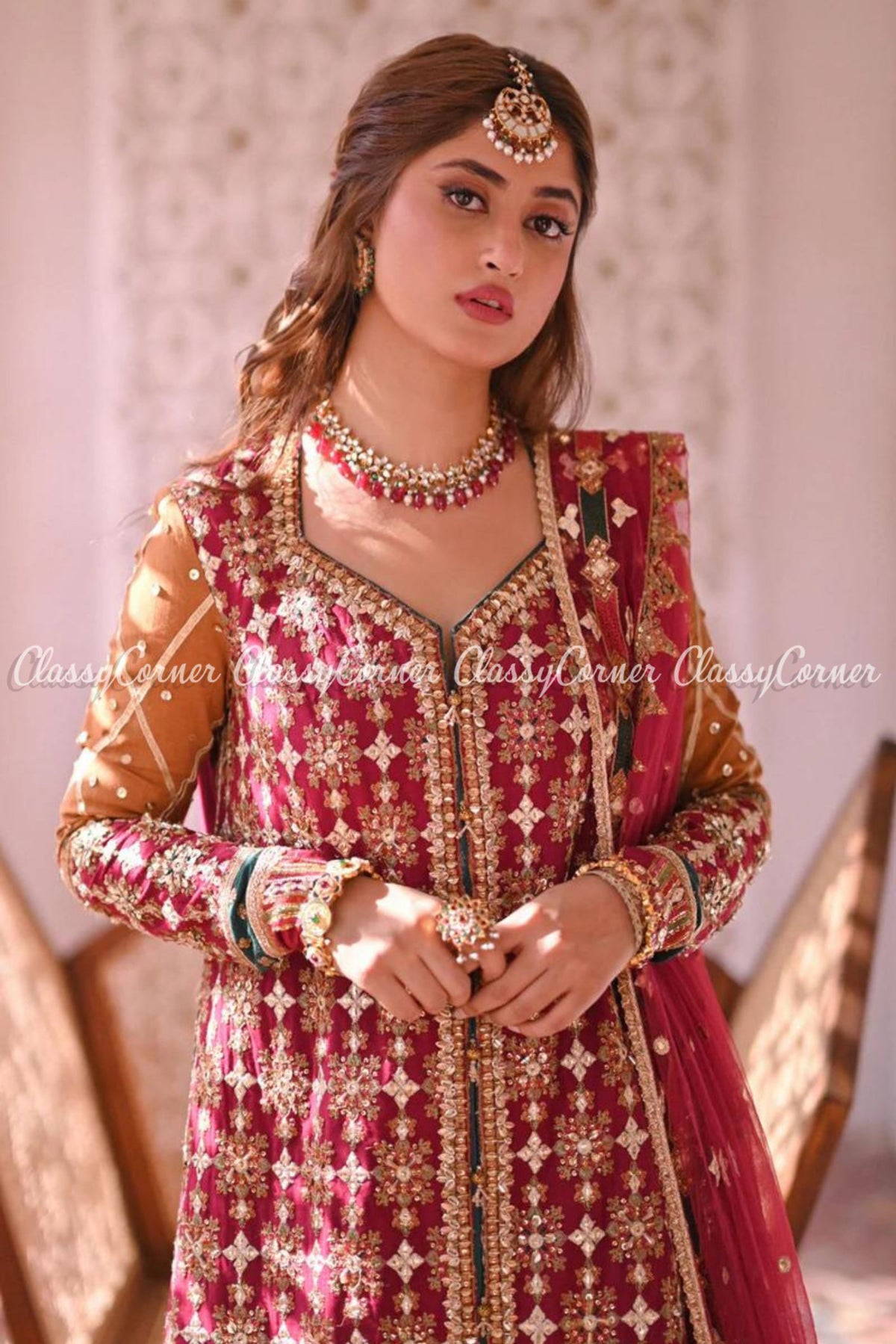 Hot Pink Orange Gota Work Wedding Wear Sharara Outfit