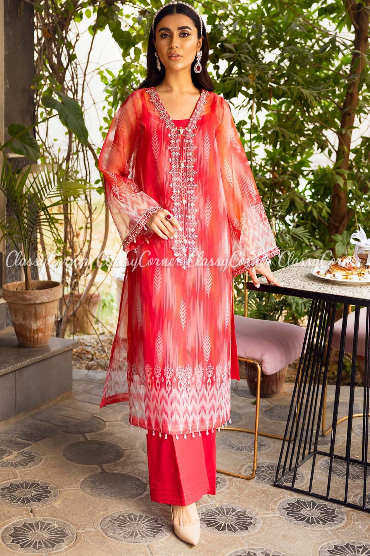 Hot Pink Orange Organza Embroidered Pakistani Salwar Kameez