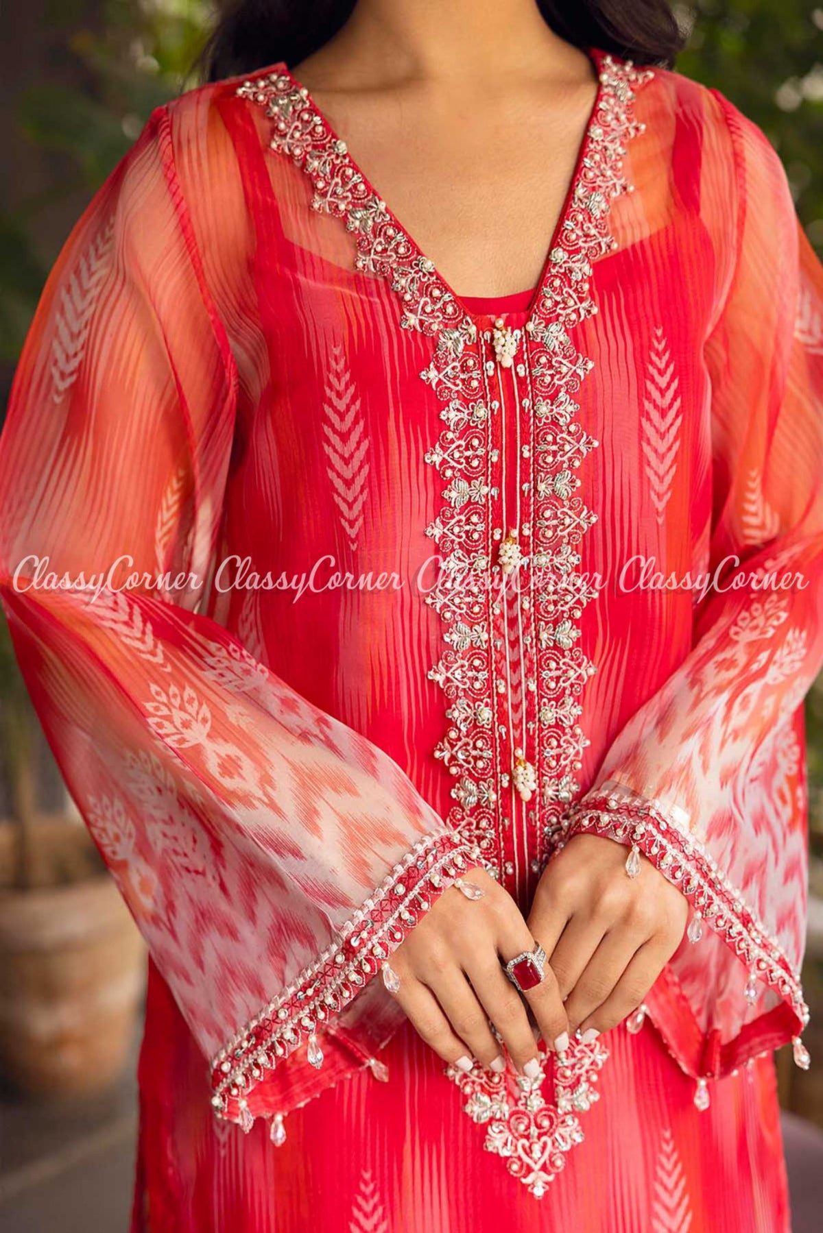 Hot Pink Orange Organza Embroidered Pakistani Salwar Kameez