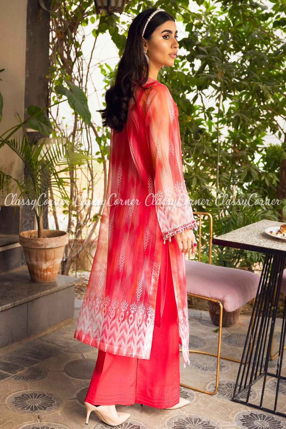 Hot Pink Orange Organza Embroidered Pakistani Salwar Kameez