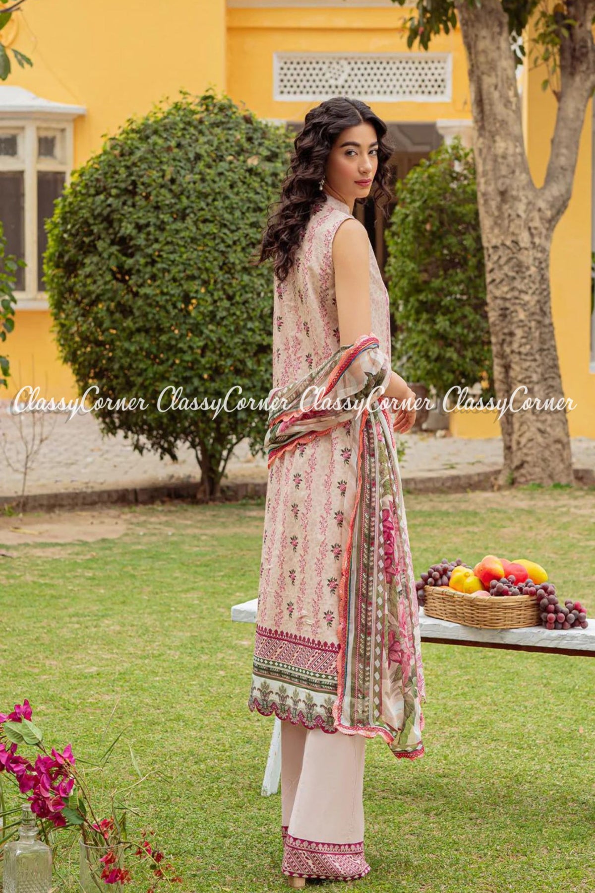 White Pink Digital Printed Embroidered Lawn Salwar Kameez